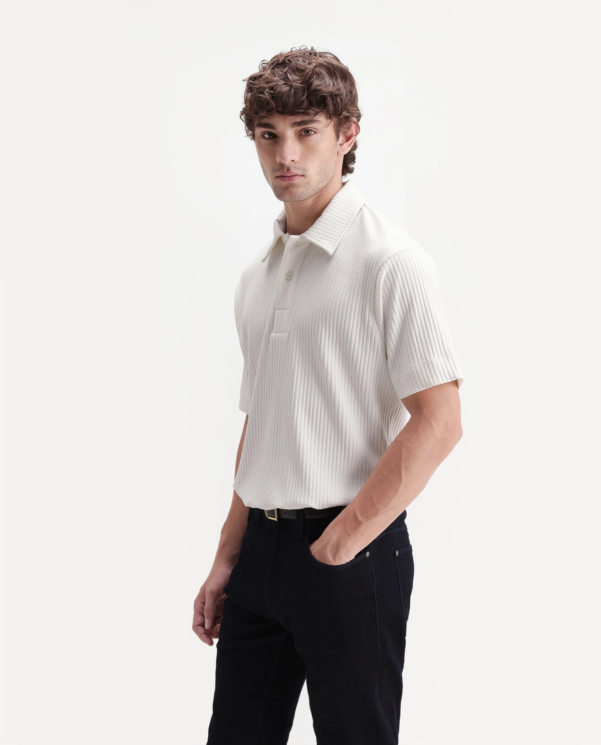 Rare Rabbit Men's Hexx Primary White Cotton Blend Spread Collar Regular Plain Polo
