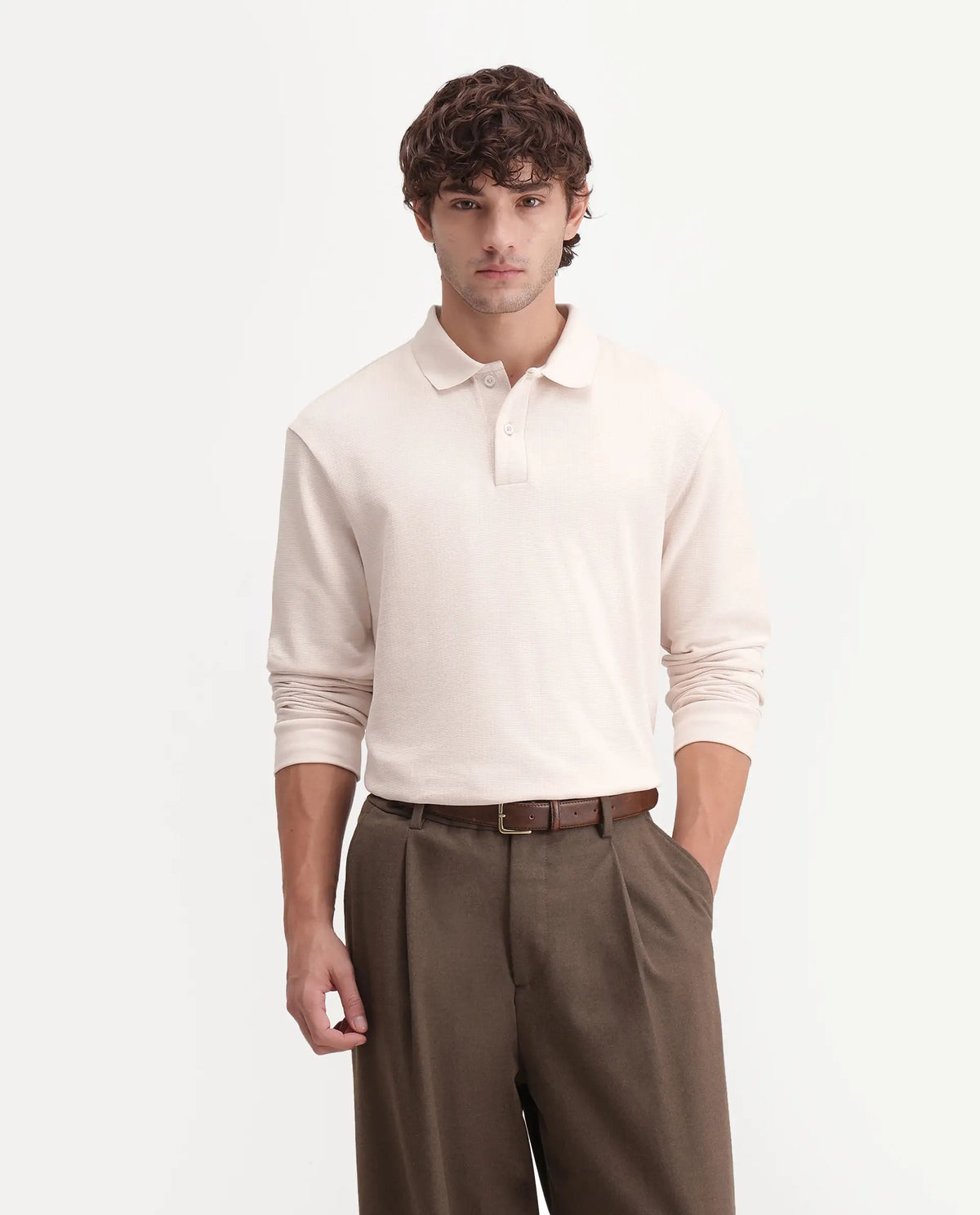 Rare Rabbit Men's Niue Light Beige Cotton Blend Spread Collar Regular Textured Polo