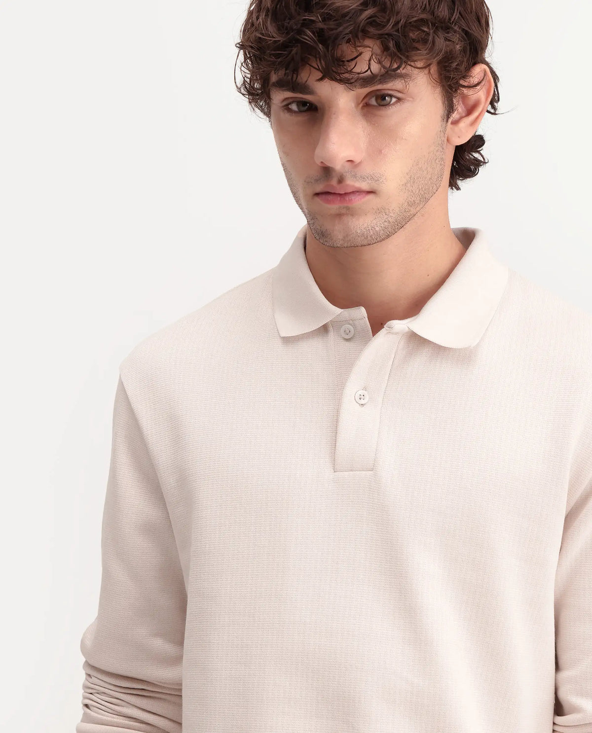 Rare Rabbit Men's Niue Light Beige Cotton Blend Spread Collar Regular Textured Polo