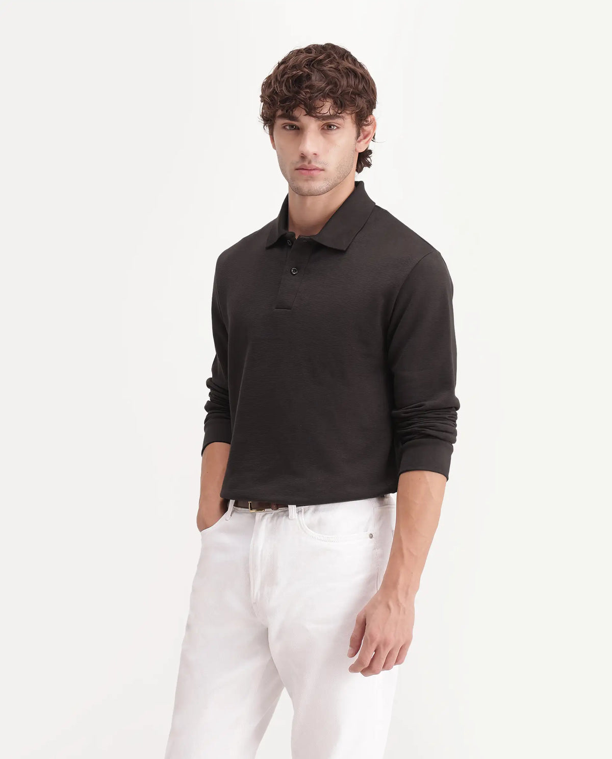 Rare Rabbit Men's Niue Dark Brown Cotton Blend Spread Collar Regular Plain Polo