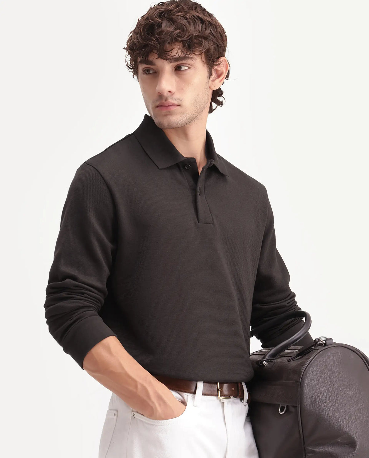 Rare Rabbit Men's Niue Dark Brown Cotton Blend Spread Collar Regular Plain Polo