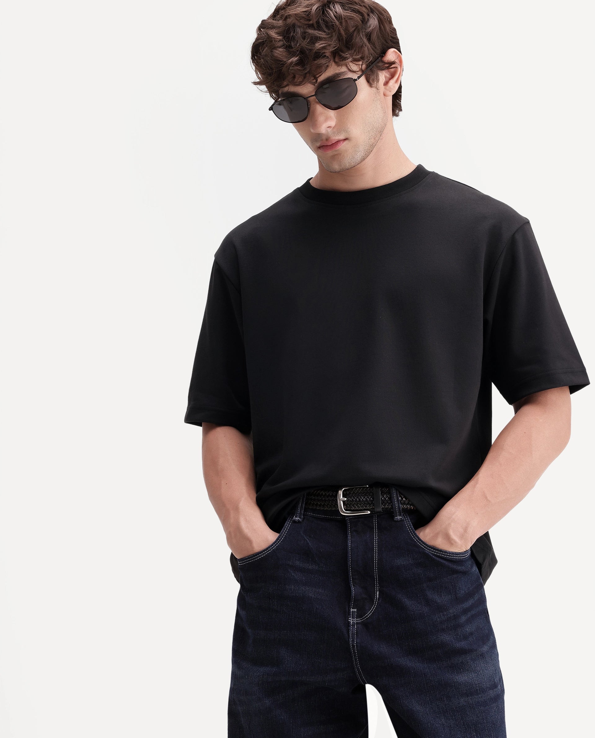 Rare Rabbit Men's Kopa Primary Black Cotton Blend Crew Neck Regular Plain T-Shirt