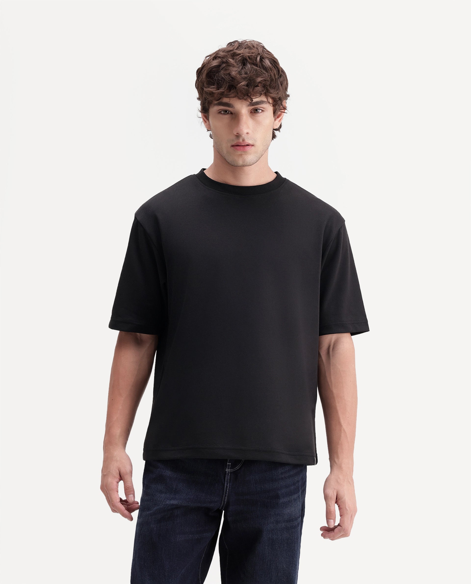 Rare Rabbit Men's Kopa Primary Black Cotton Blend Crew Neck Regular Plain T-Shirt