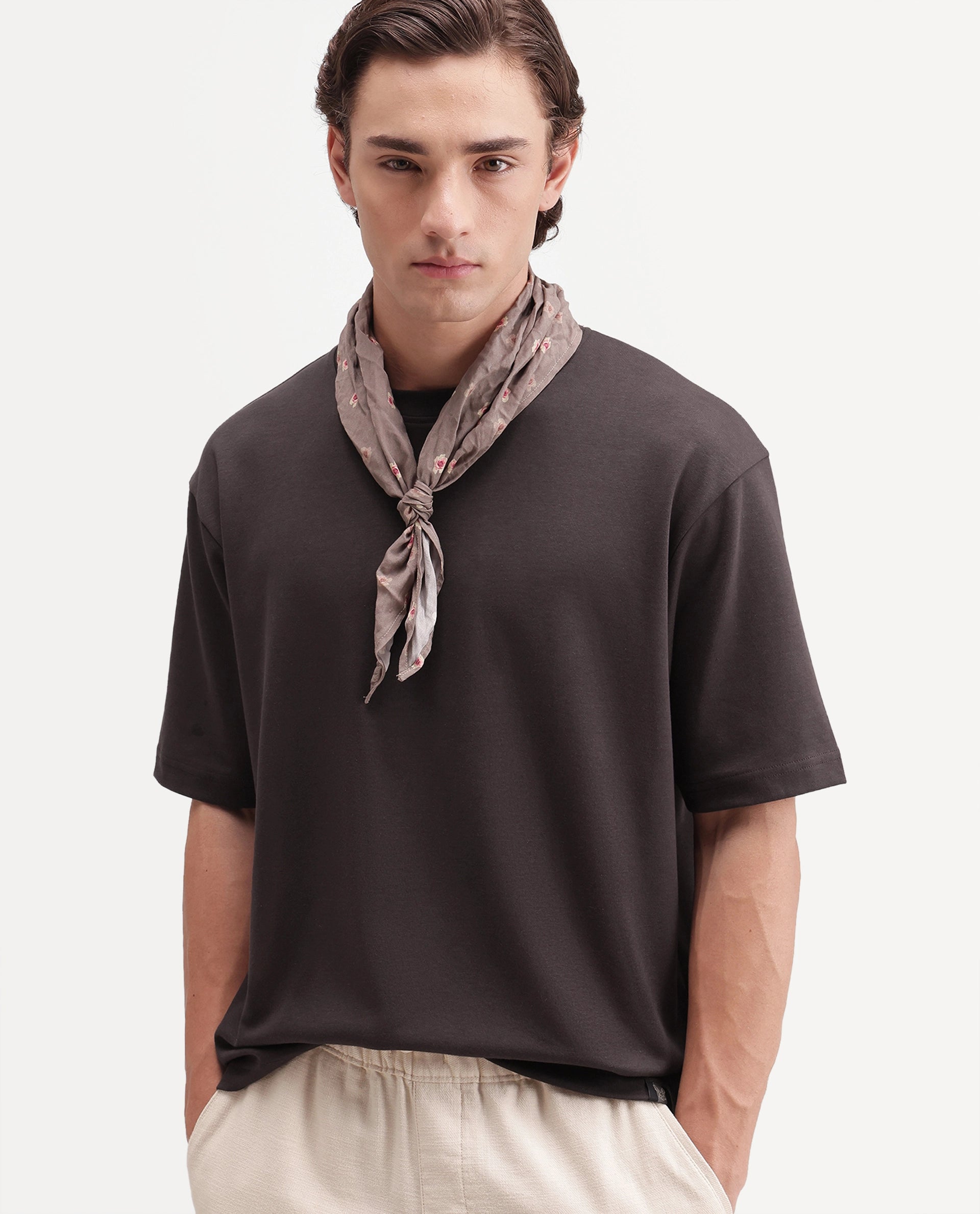 Rare Rabbit Men's Kopa Dark Brown Cotton Blend Crew Neck Regular Plain T-Shirt