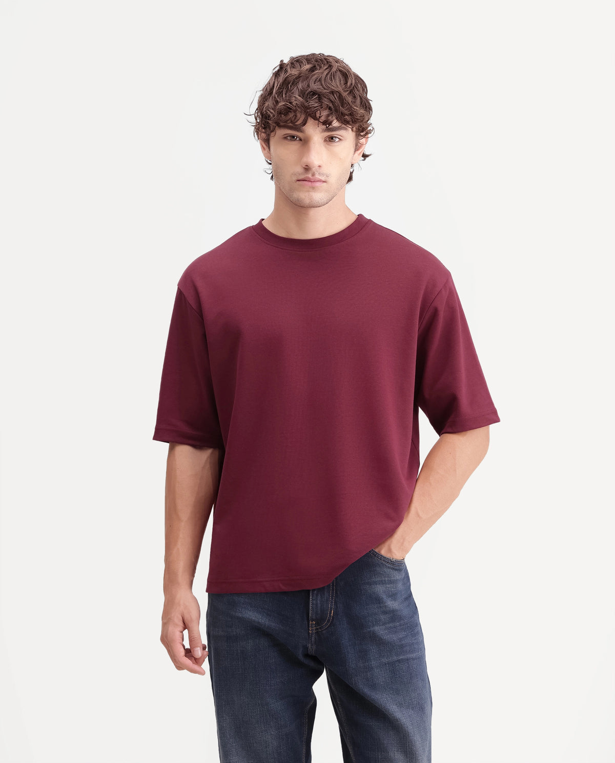 Rare Rabbit Men's Kopa Primary Maroon Cotton Blend Crew Neck Regular Plain T-Shirt