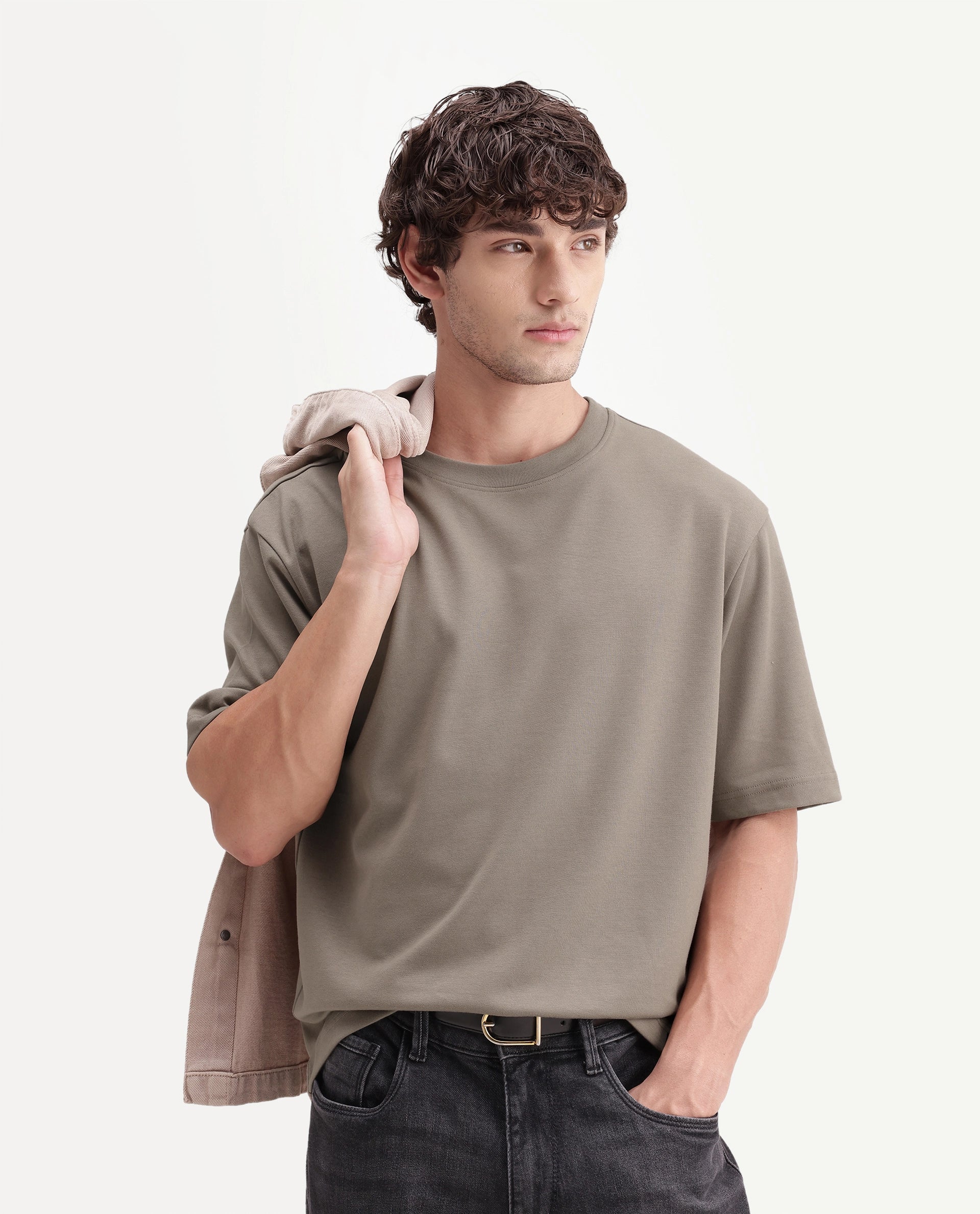 Rare Rabbit Men's Kopa Primary Olive Cotton Blend Crew Neck Regular Plain T-Shirt