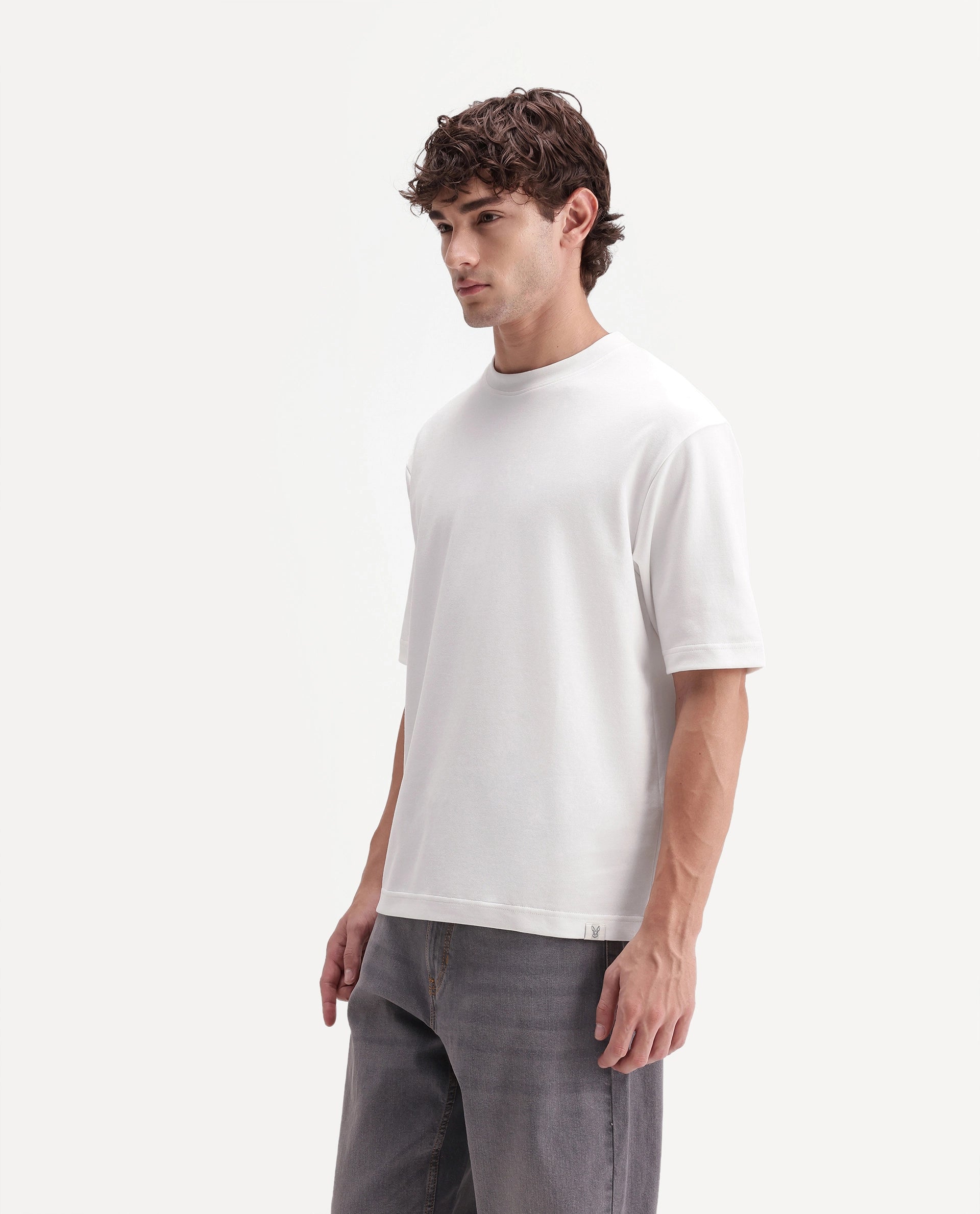Rare Rabbit Men's Kopa Primary White Cotton Blend Crew Neck Regular Plain T-Shirt