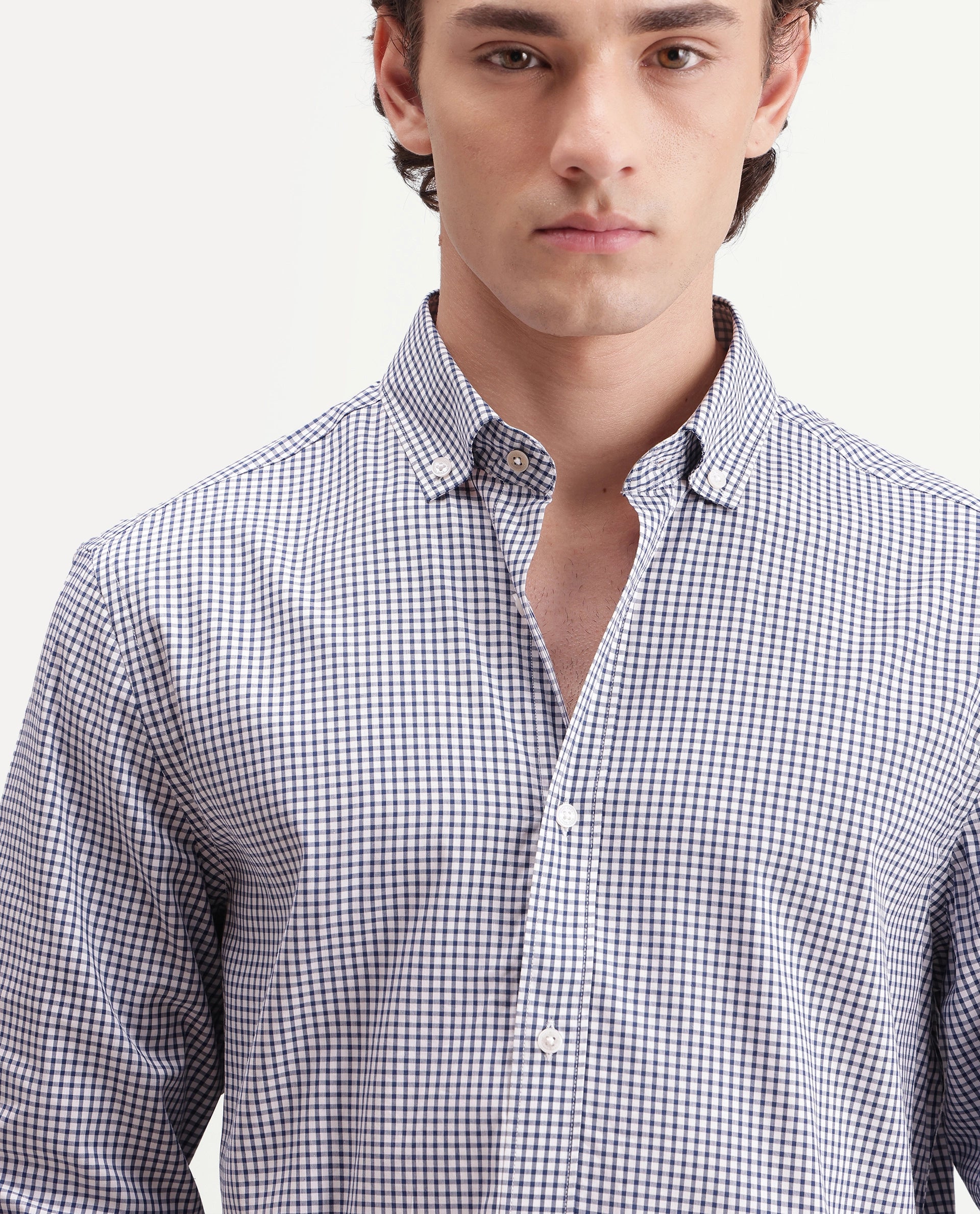 Rare Rabbit Men's Drv Navy Cotton Blend Button-down Collar Regular Checked Shirt
