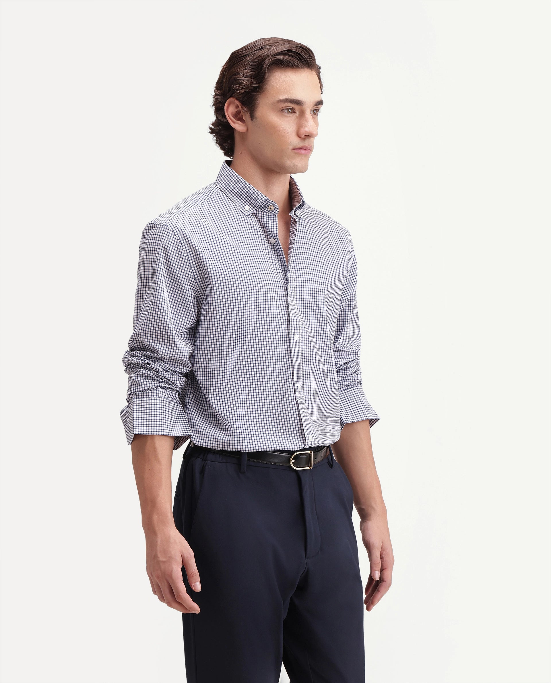 Rare Rabbit Men's Drv Navy Cotton Blend Button-down Collar Regular Checked Shirt