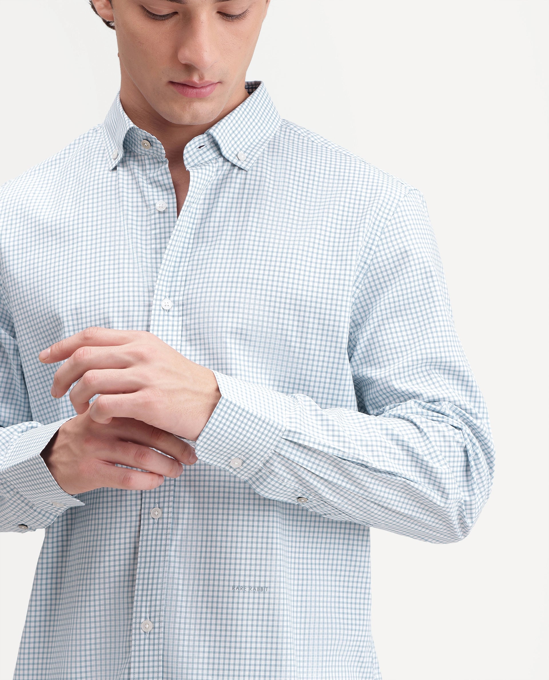 Rare Rabbit Men's Drv Light Blue Cotton Blend Button-down Collar Regular Checked Shirt