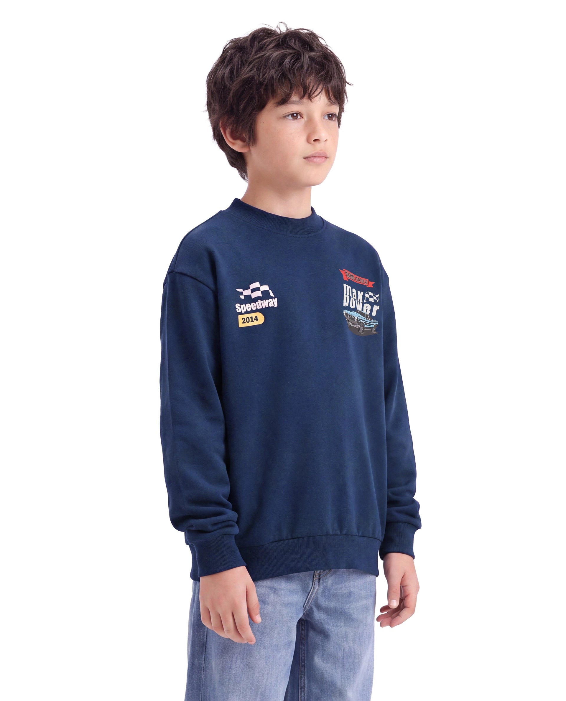 Rare Ones Kids Benny Dark Blue Cotton Blend Fabric Crew Neck Pull-On Closure Oversized Fit Hd Print Sweatshirt