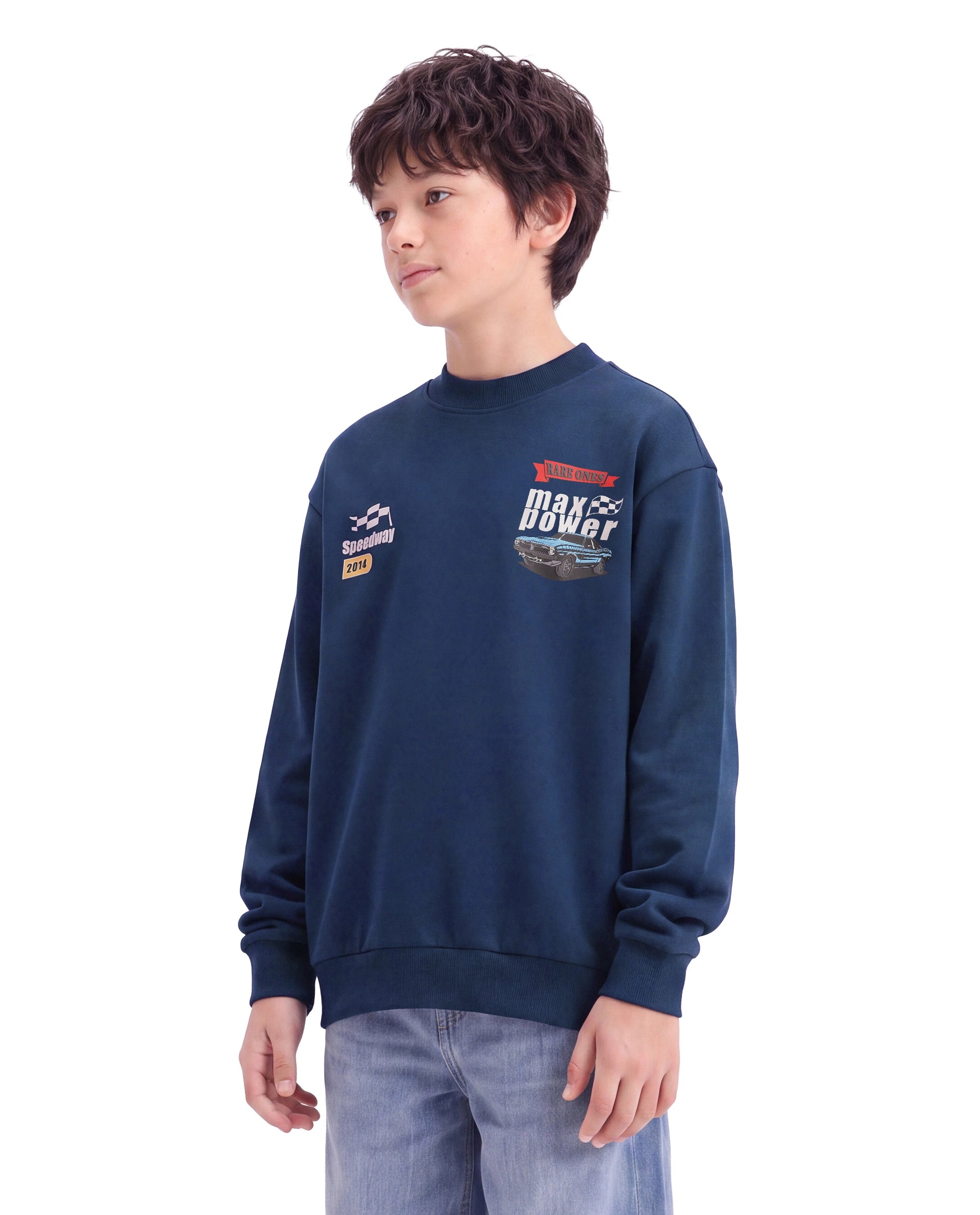 Rare Ones Kids Benny Dark Blue Cotton Blend Fabric Crew Neck Pull-On Closure Oversized Fit Hd Print Sweatshirt