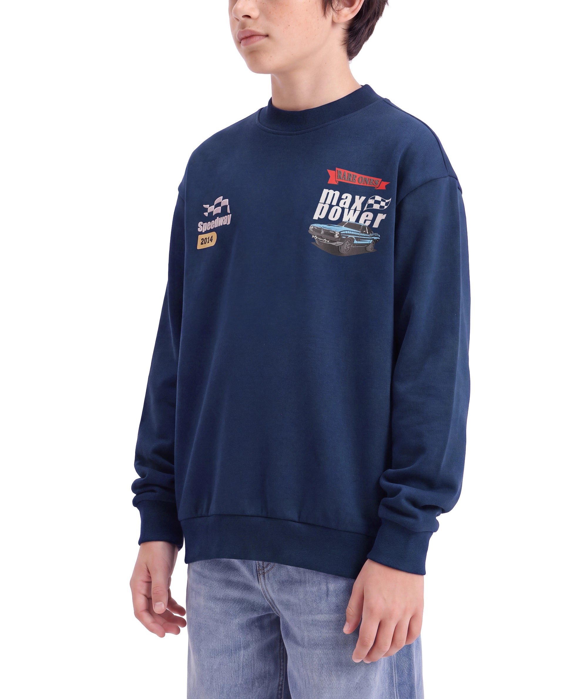 Rare Ones Kids Benny Dark Blue Cotton Blend Fabric Crew Neck Pull-On Closure Oversized Fit Hd Print Sweatshirt