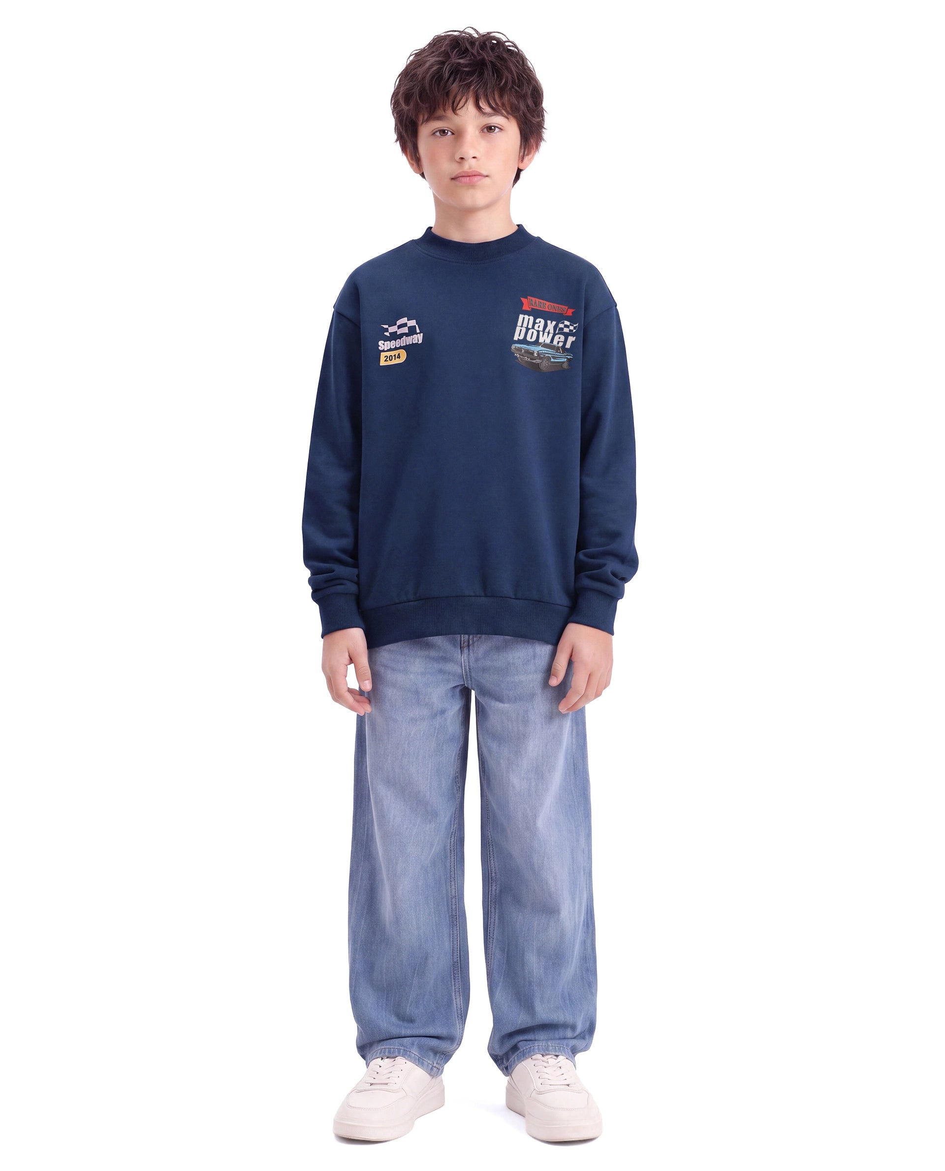 Rare Ones Kids Benny Dark Blue Cotton Blend Fabric Crew Neck Pull-On Closure Oversized Fit Hd Print Sweatshirt
