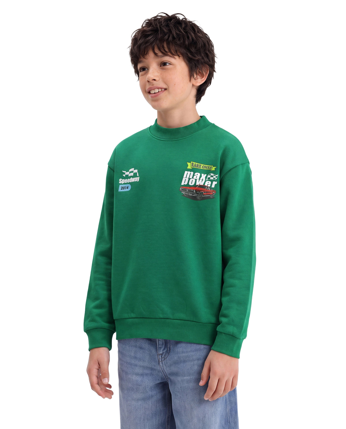 Rare Ones Kids Benny Dark Green Cotton Blend Fabric Crew Neck Pull-On Closure Oversized Fit Hd Print Sweatshirt