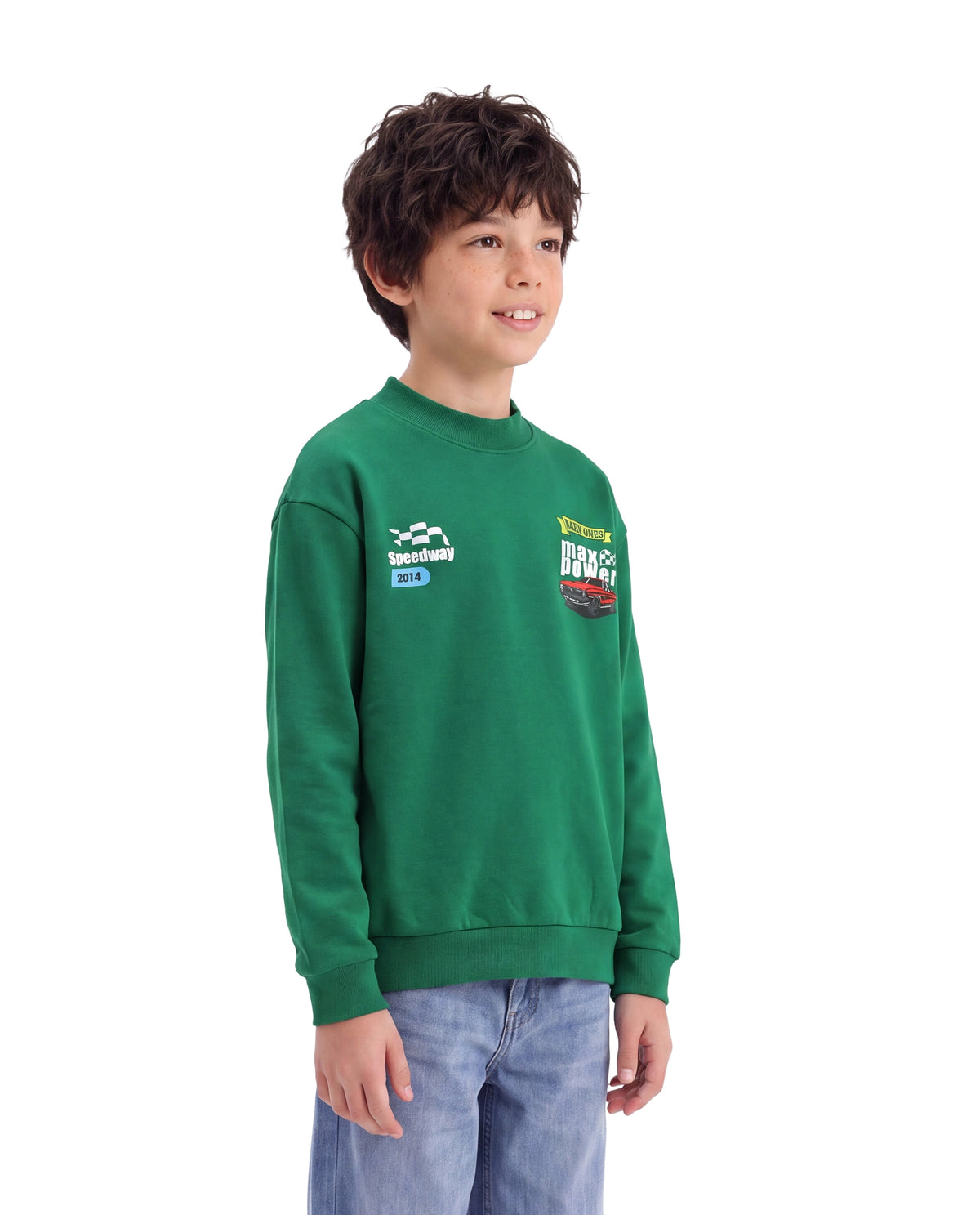 Rare Ones Kids Benny Dark Green Cotton Blend Fabric Crew Neck Pull-On Closure Oversized Fit Hd Print Sweatshirt