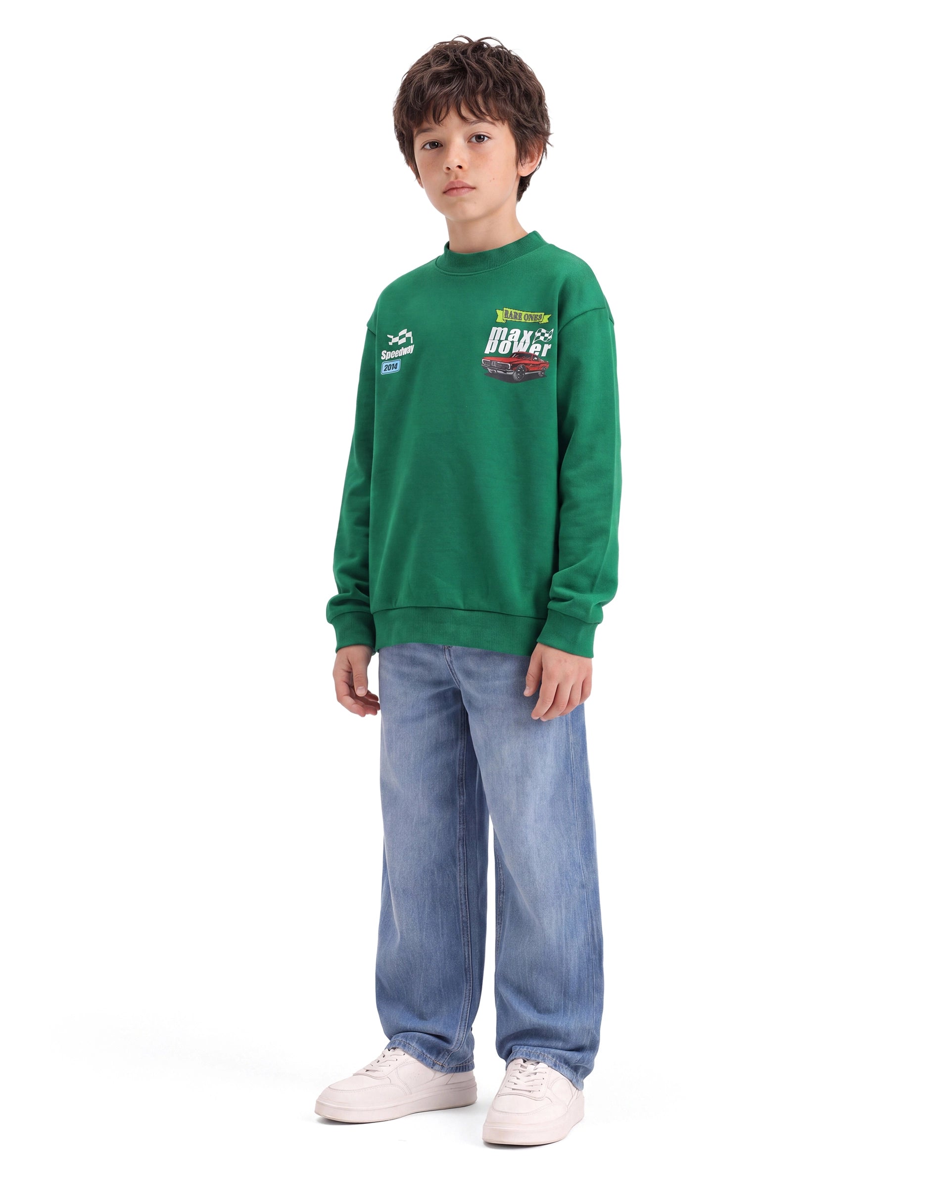 Rare Ones Kids Benny Dark Green Cotton Blend Fabric Crew Neck Pull-On Closure Oversized Fit Hd Print Sweatshirt