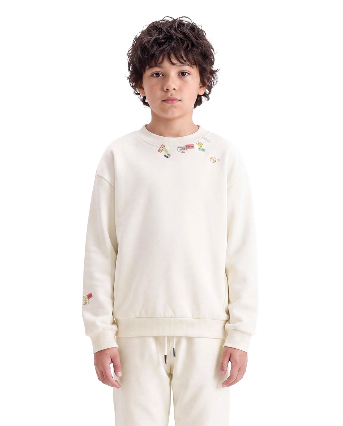 Rare Ones Kids Silo Off White Cotton Blend Fabric Crew Neck Pull-On Closure Oversized Fit Sticker Print Sweatshirt