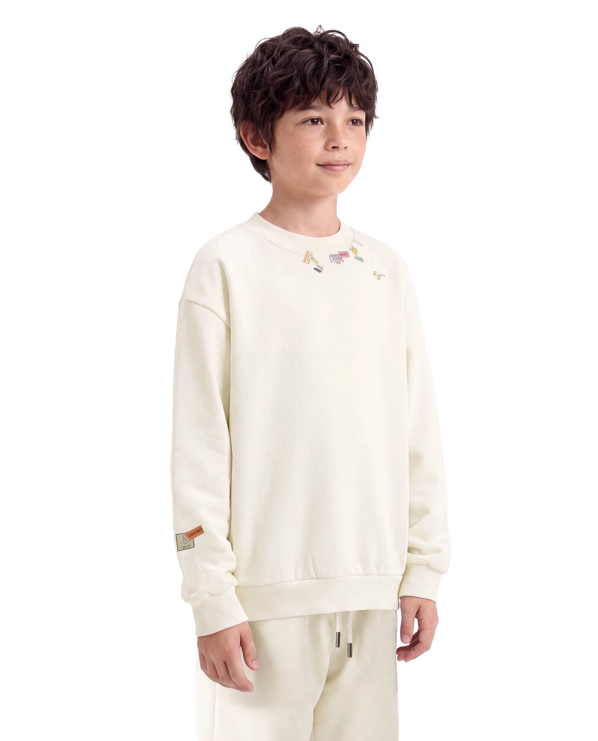 Rare Ones Kids Silo Off White Cotton Blend Fabric Crew Neck Pull-On Closure Oversized Fit Sticker Print Sweatshirt