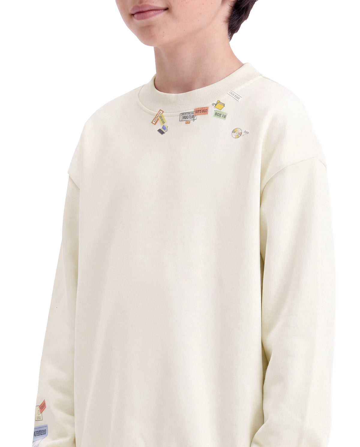 Rare Ones Kids Silo Off White Cotton Blend Fabric Crew Neck Pull-On Closure Oversized Fit Sticker Print Sweatshirt