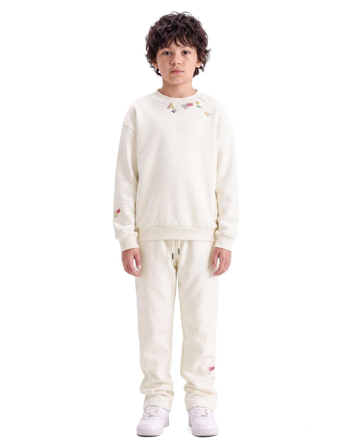 Rare Ones Kids Silo Off White Cotton Blend Fabric Crew Neck Pull-On Closure Oversized Fit Sticker Print Sweatshirt