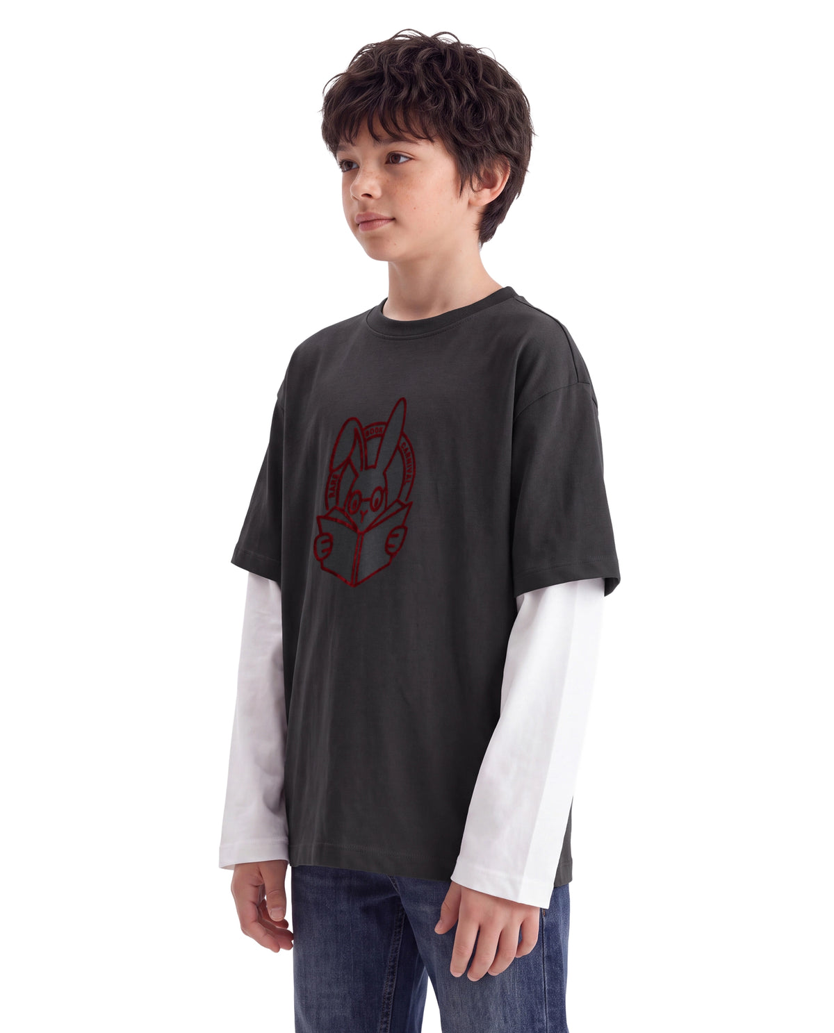 Rare Ones Kids Finch Grey Cotton Fabric Pull-On Oversized Fit Graphic Print T-Shirt