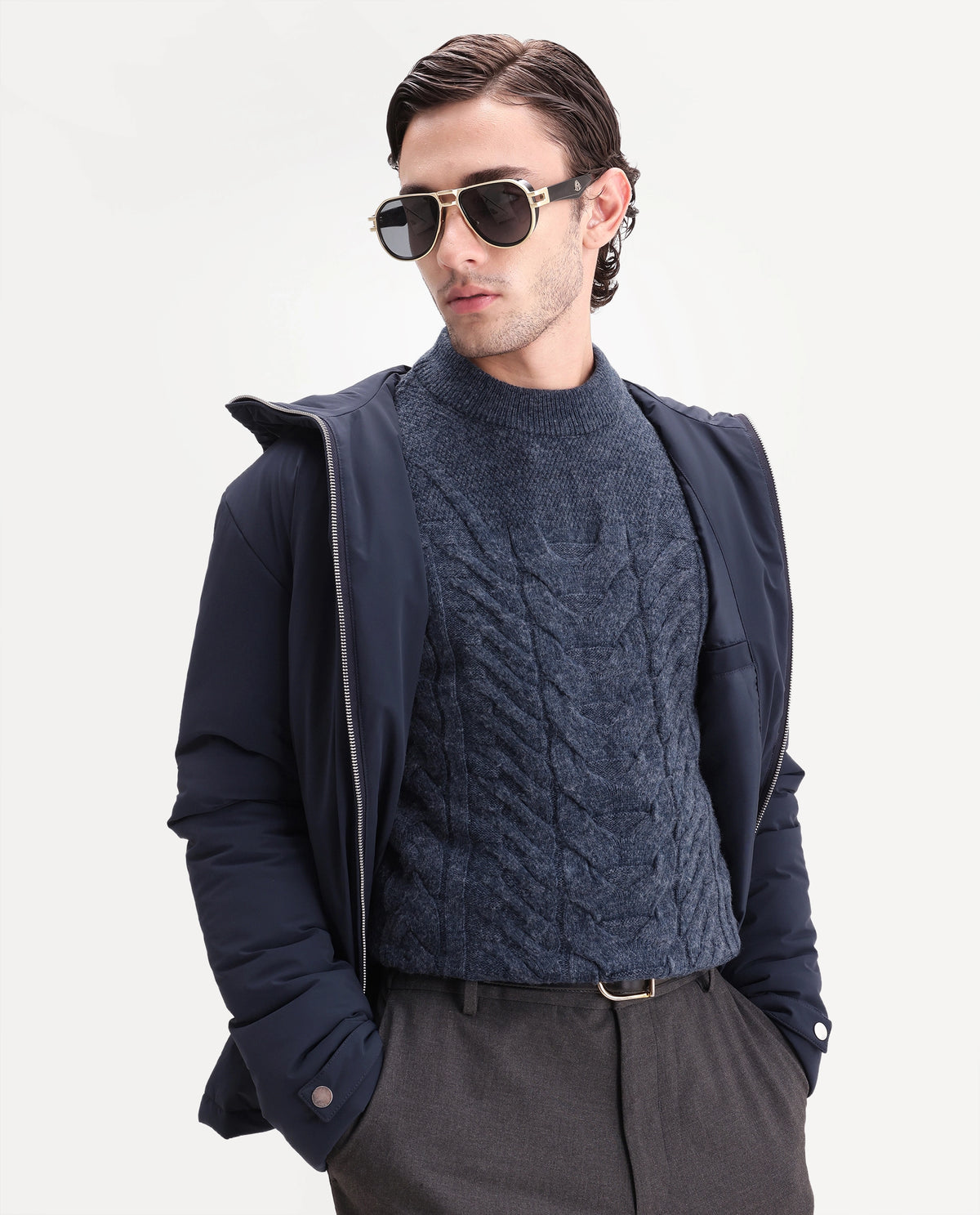 Rare Rabbit Men's Harry-E Blue Polyester Blend Crew Neck Regular Textured Sweater