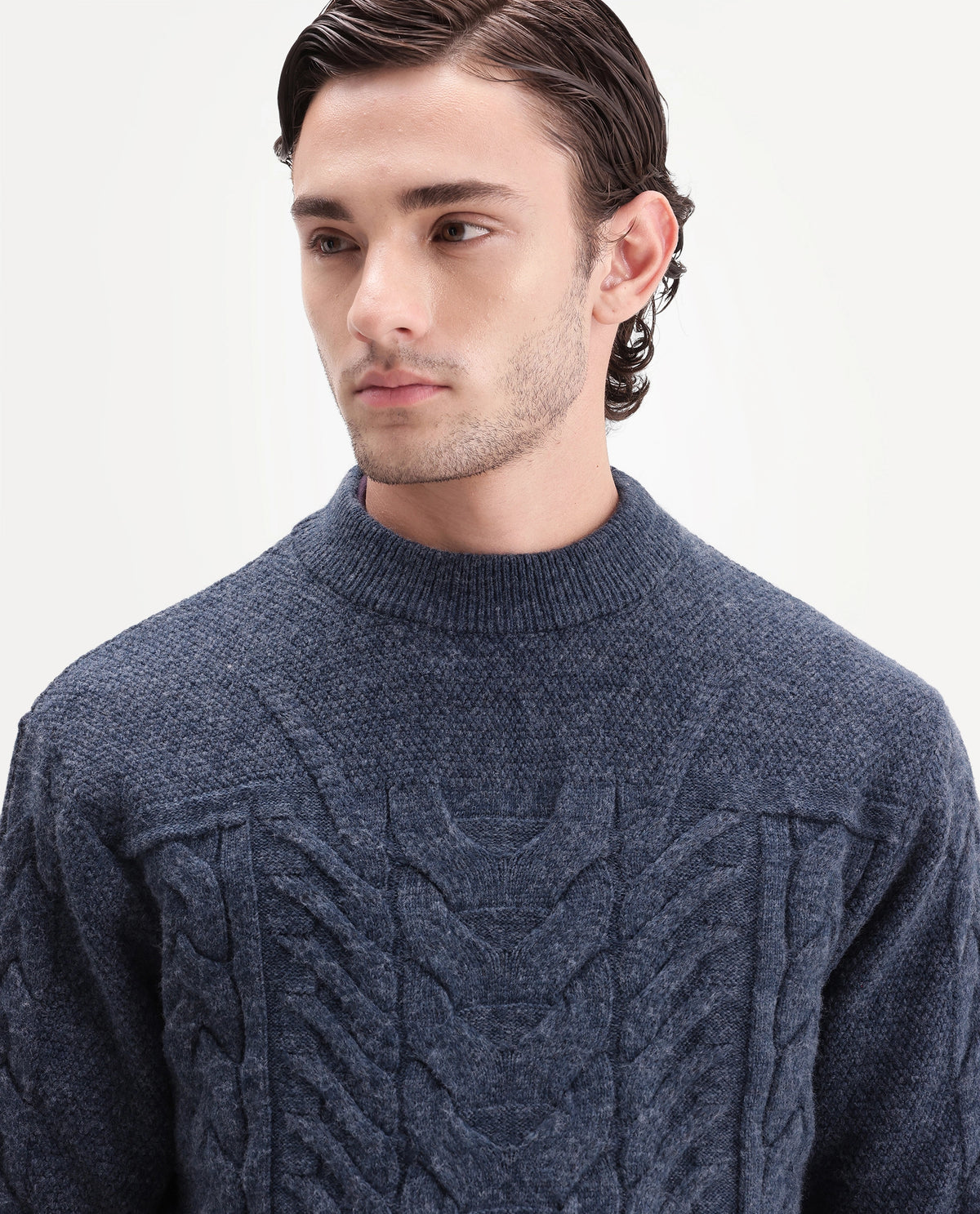 Rare Rabbit Men's Harry-E Blue Polyester Blend Crew Neck Regular Textured Sweater