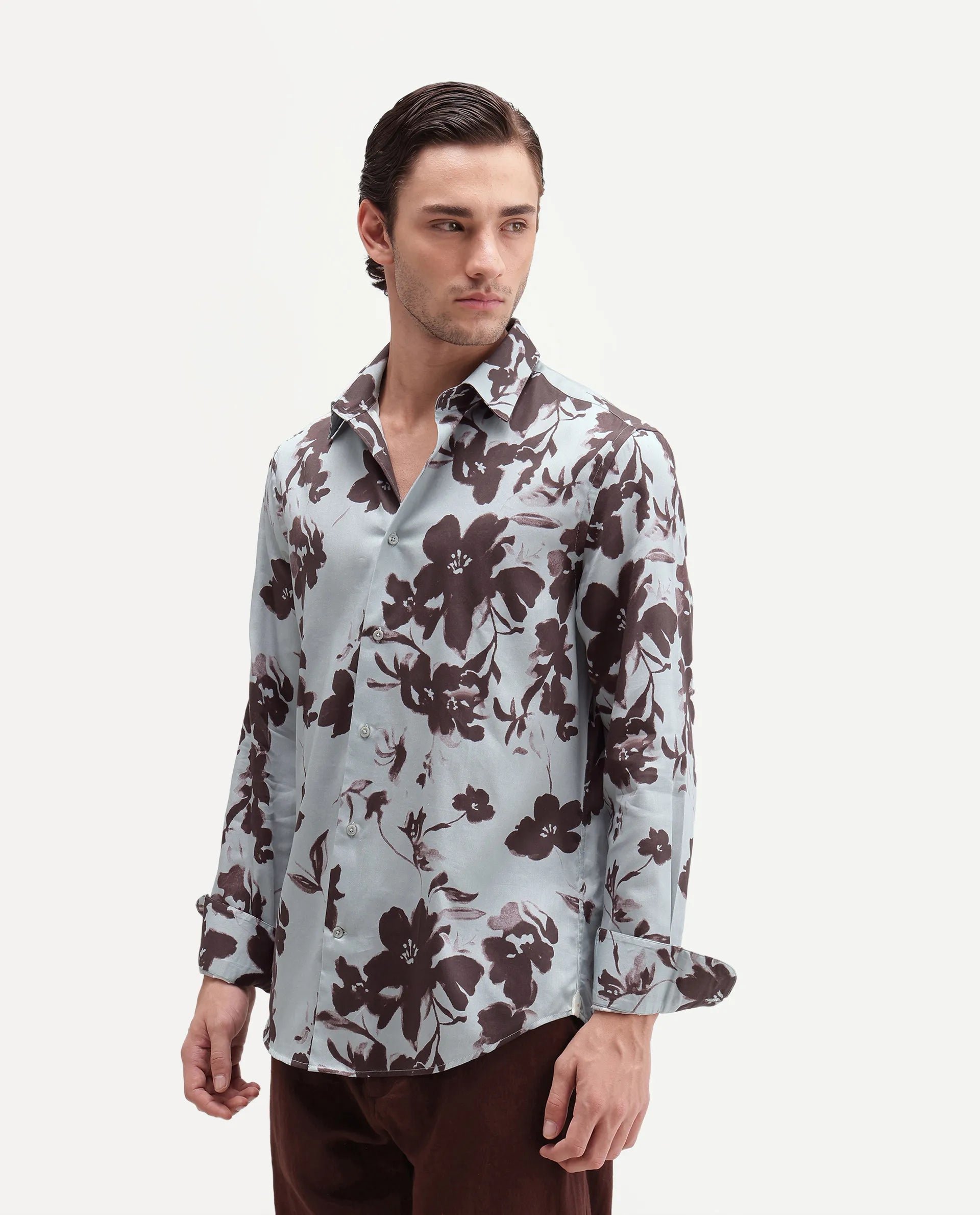 Rare Rabbit Men's Flora Pastel Blue Cotton Spread Collar Regular Floral Print Shirt