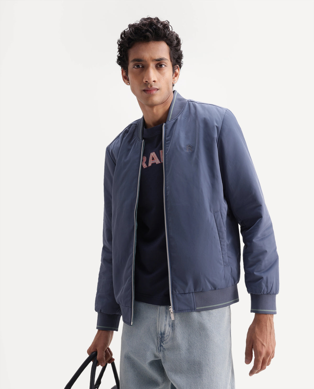 Rare Rabbit Men's Ban Dusky Blue Polyester High Neck Regular Plain Jacket