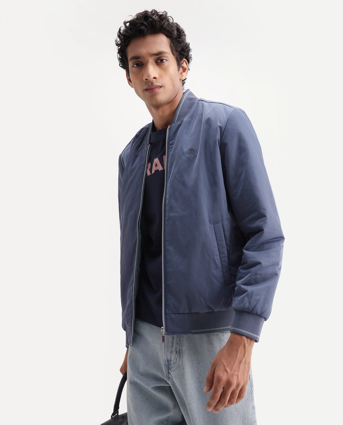 Rare Rabbit Men's Ban Dusky Blue Polyester High Neck Regular Plain Jacket