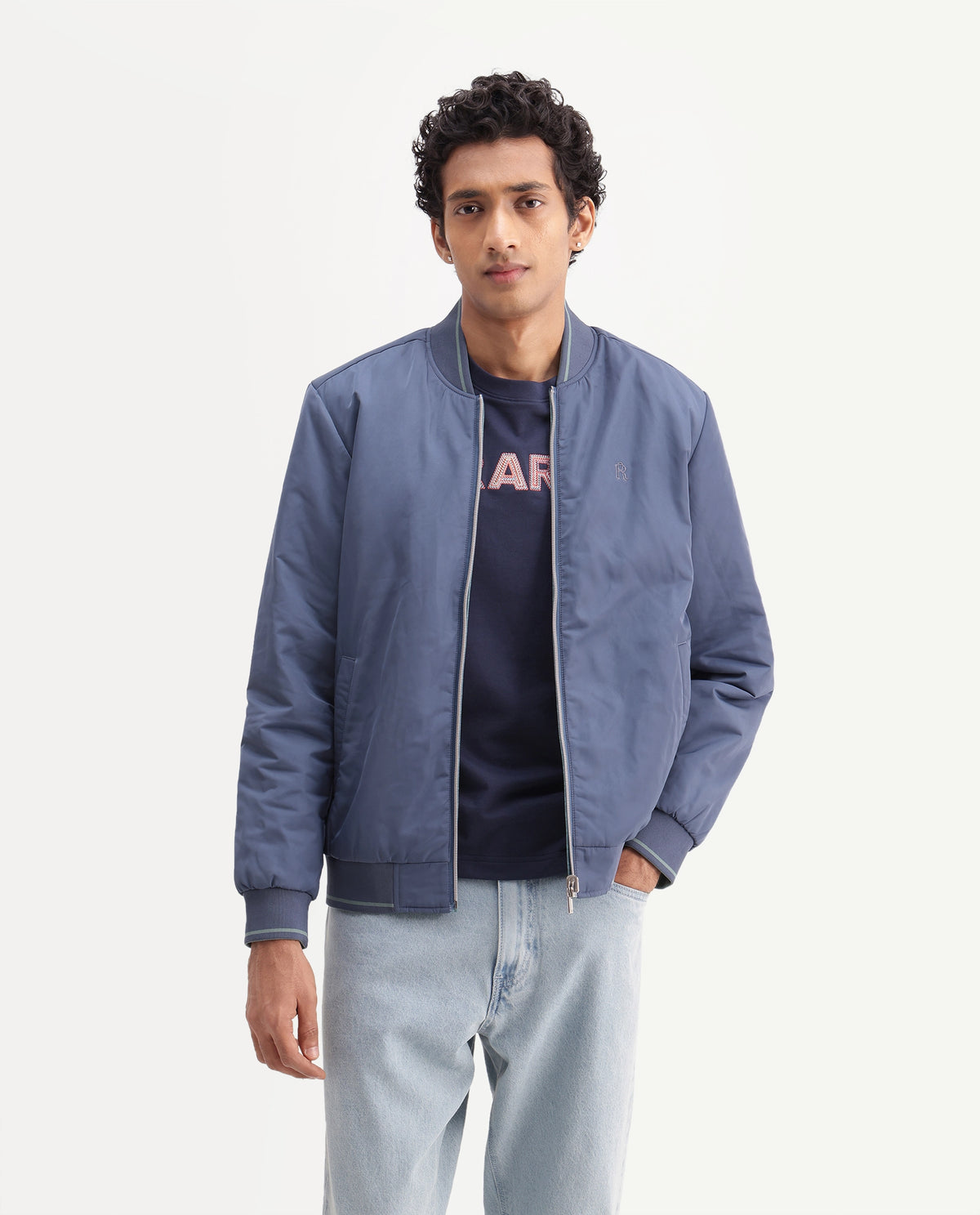 Rare Rabbit Men's Ban Dusky Blue Polyester High Neck Regular Plain Jacket