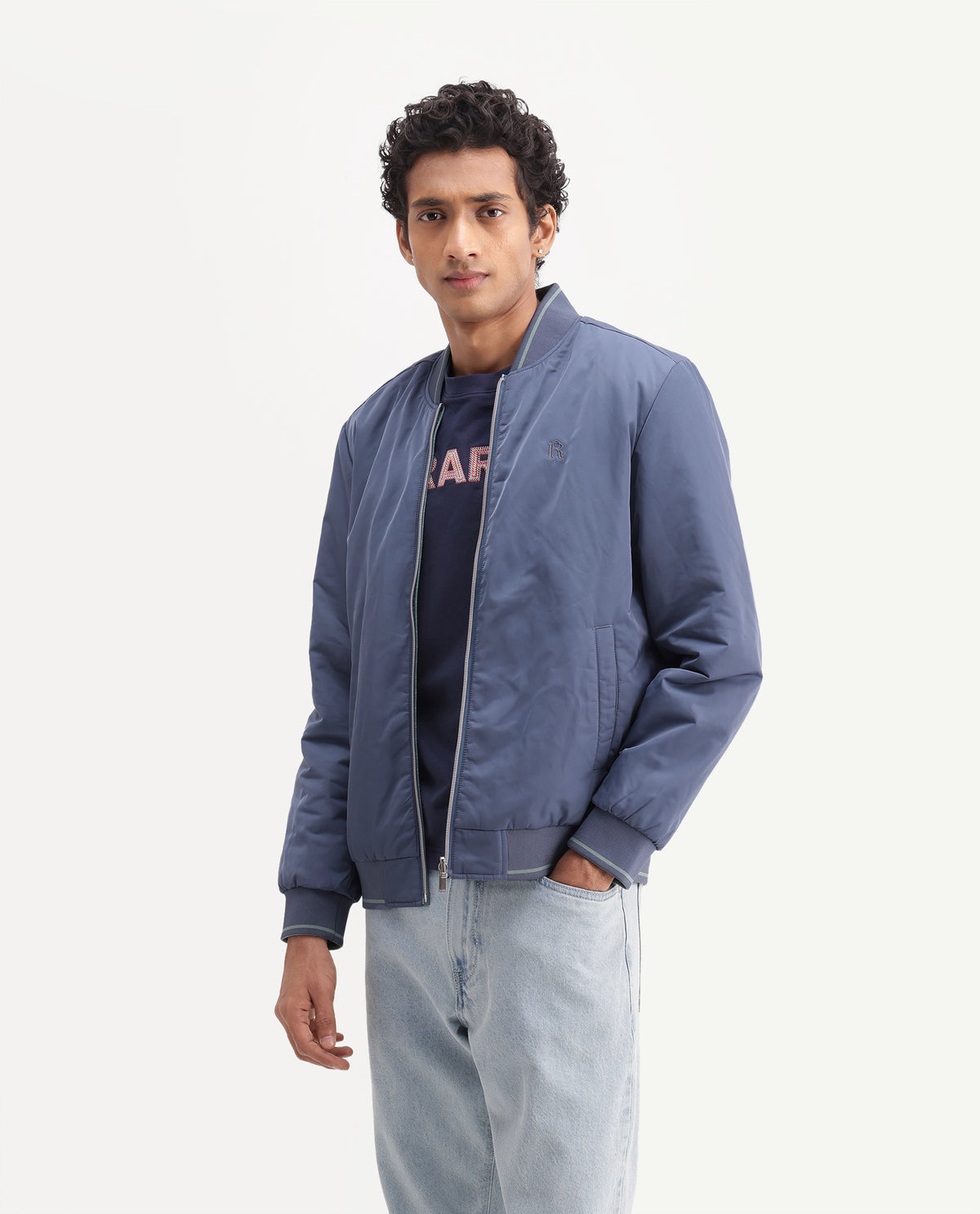 Rare Rabbit Men's Ban Dusky Blue Polyester High Neck Regular Plain Jacket
