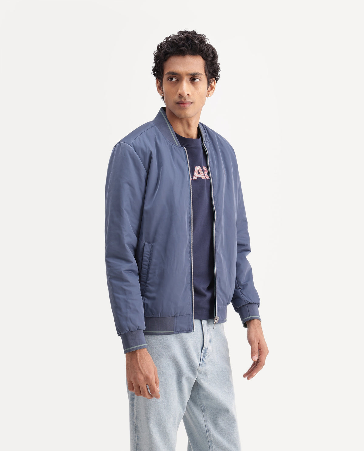 Rare Rabbit Men's Ban Dusky Blue Polyester High Neck Regular Plain Jacket