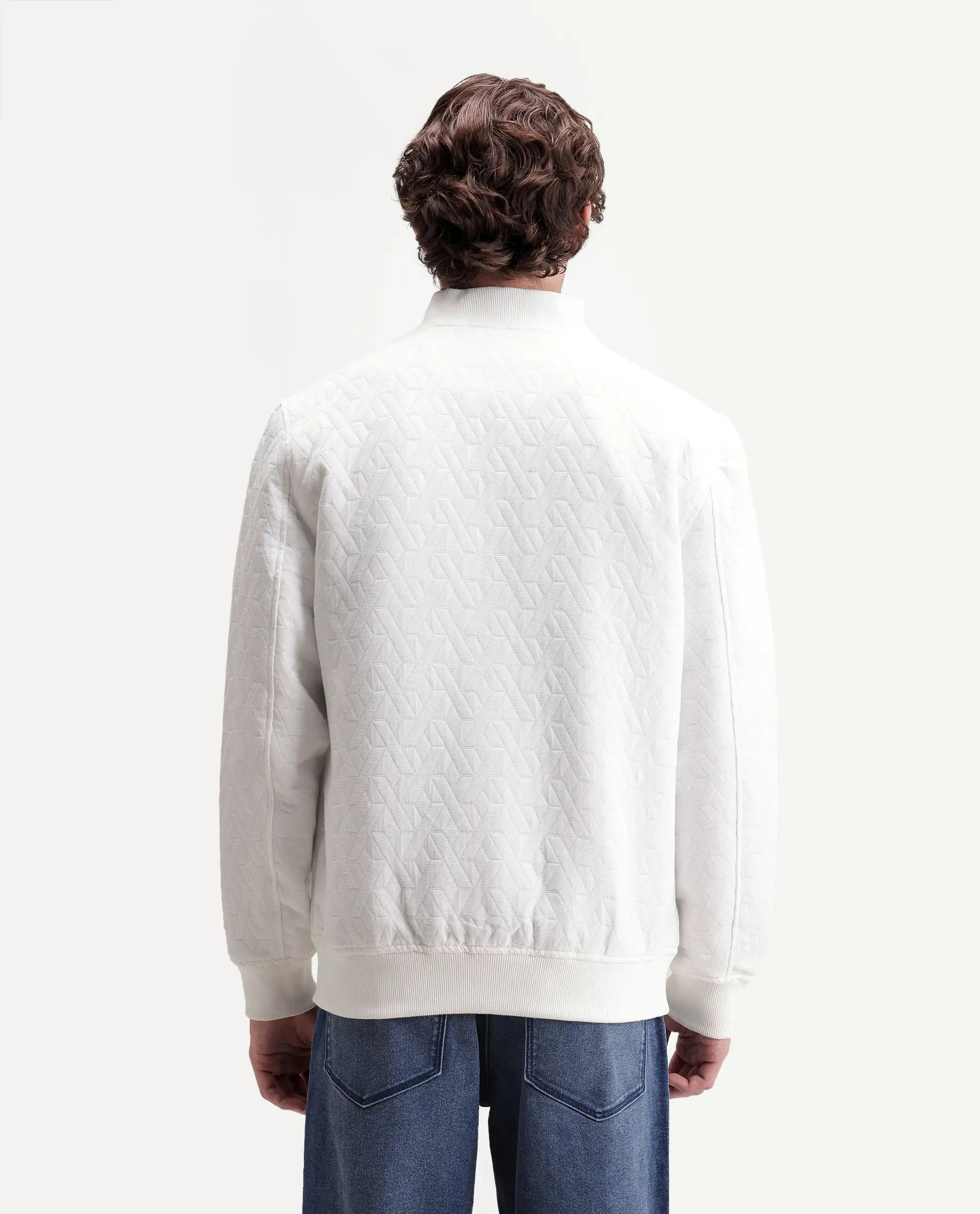 Rare Rabbit Men's Orin Primary White Polyester Blend Ribbed Collar Regular Jacquard Jacket