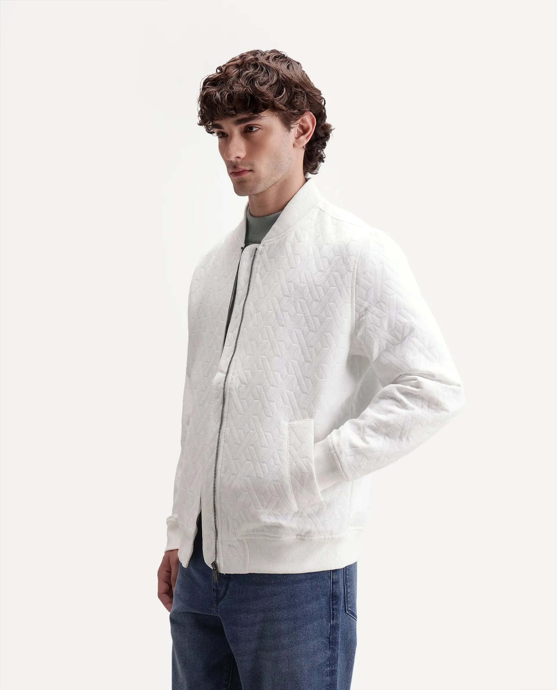 Rare Rabbit Men's Orin Primary White Polyester Blend Ribbed Collar Regular Jacquard Jacket