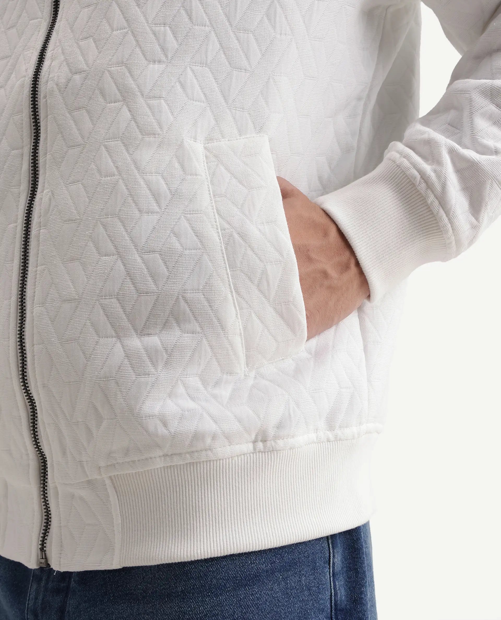 Rare Rabbit Men's Orin Primary White Polyester Blend Ribbed Collar Regular Jacquard Jacket