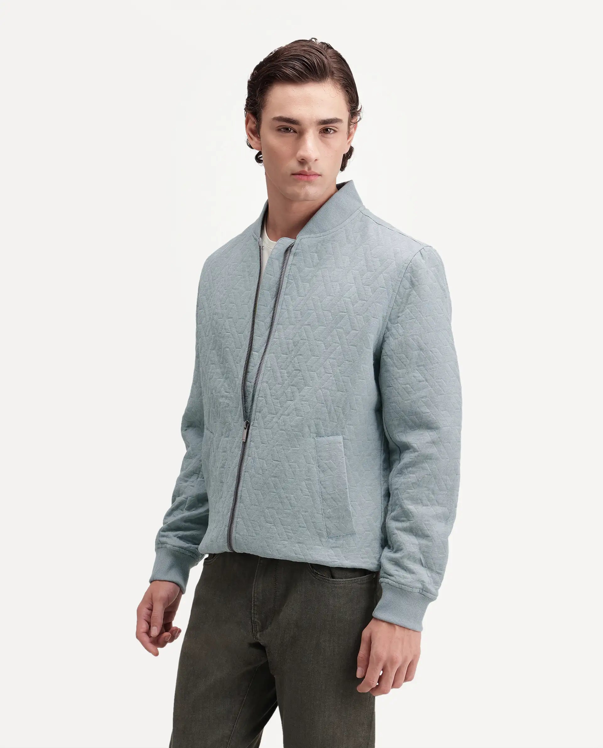 Rare Rabbit Men's Orin Dusky Blue Polyester Blend Ribbed Collar Regular Jacquard Jacket