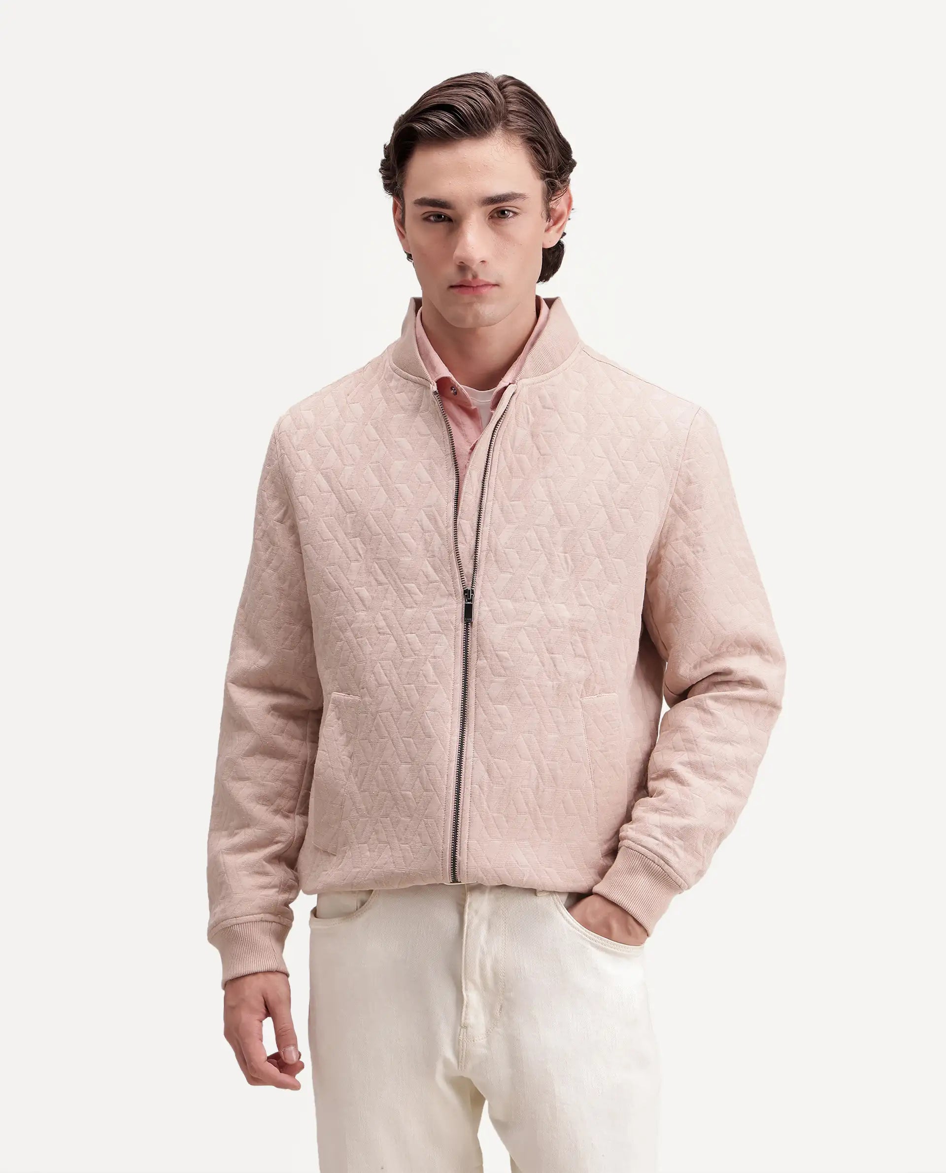 Rare Rabbit Men's Orin Dusky Pink Polyester Blend Ribbed Collar Regular Jacquard Jacket