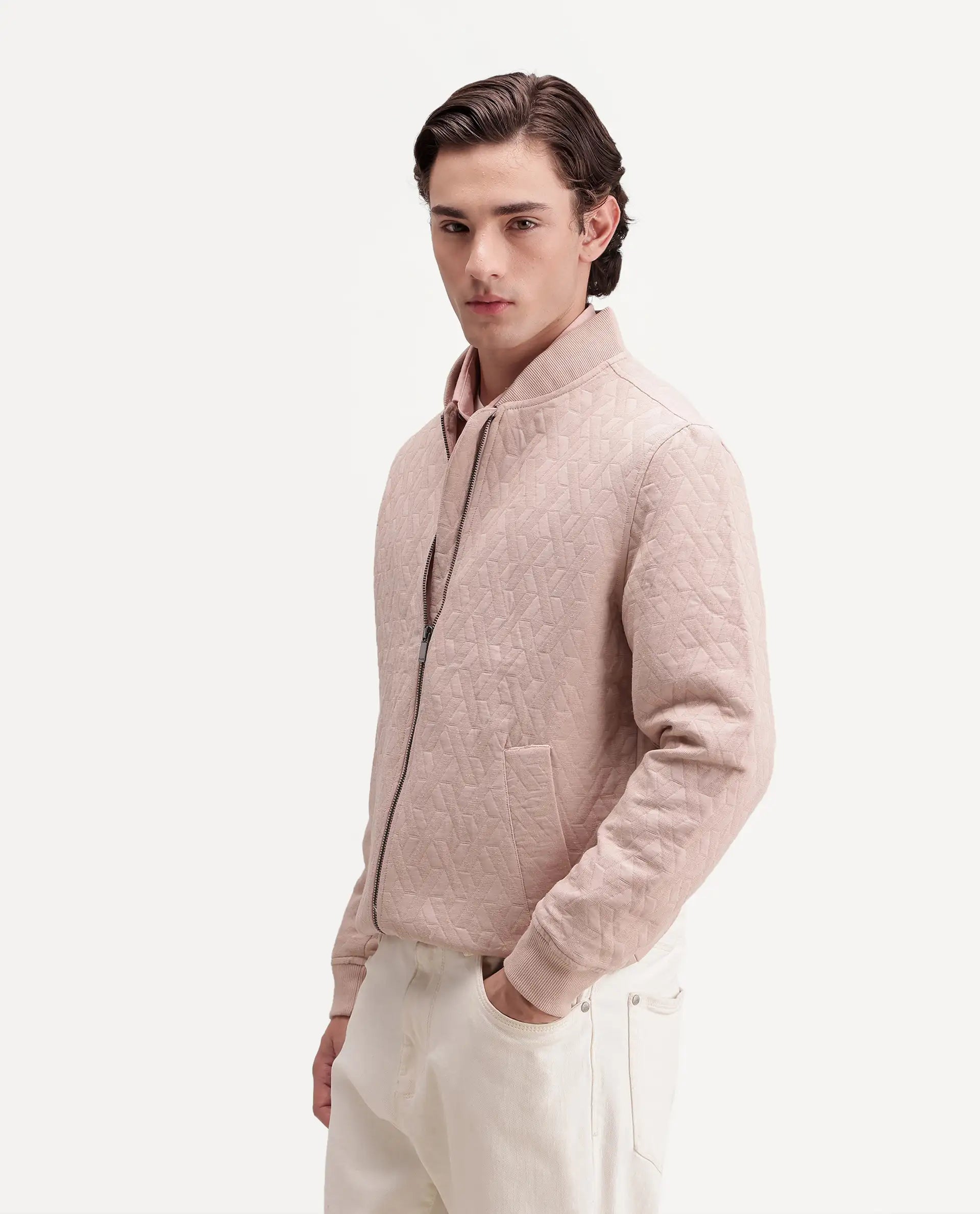 Rare Rabbit Men's Orin Dusky Pink Polyester Blend Ribbed Collar Regular Jacquard Jacket