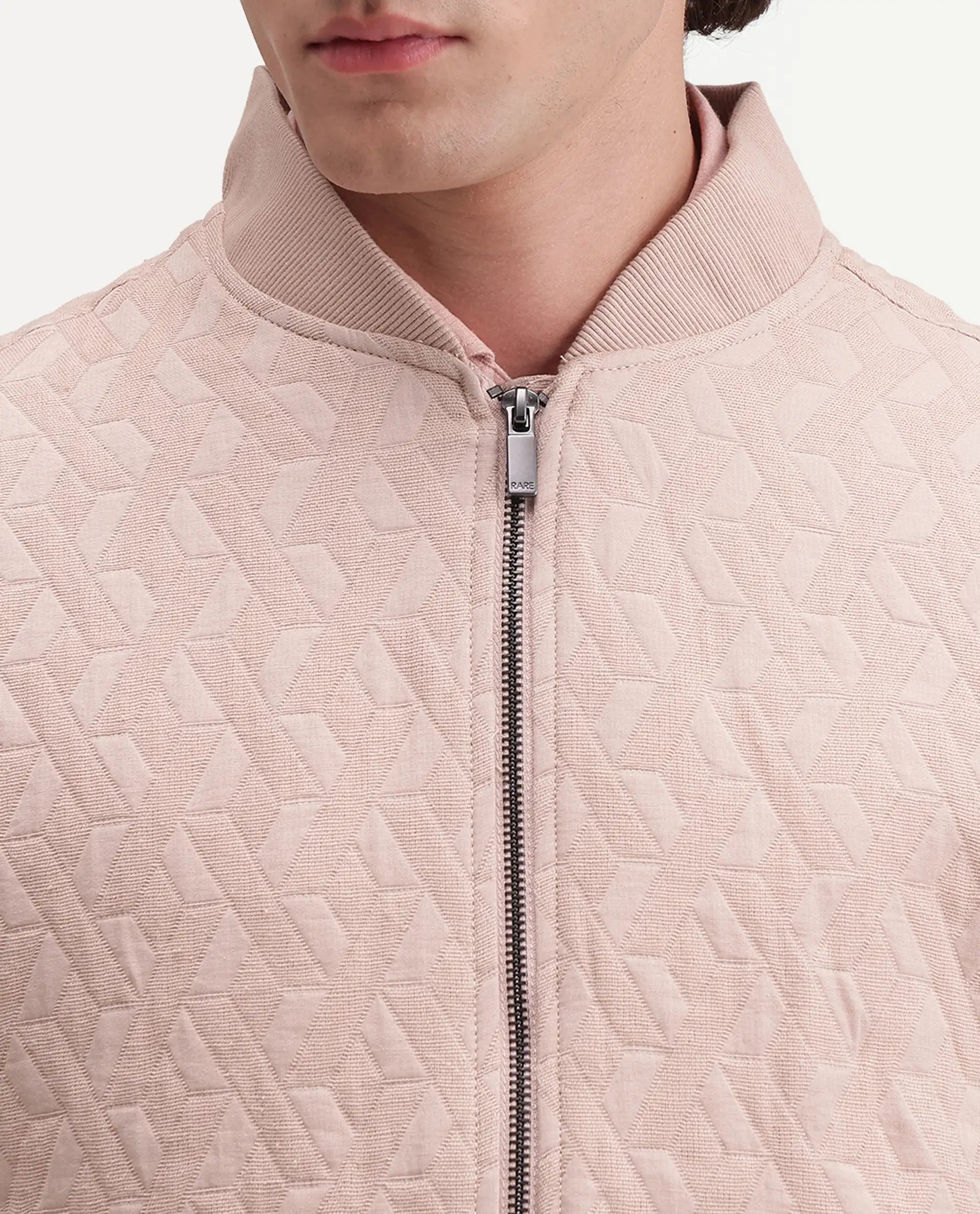 Rare Rabbit Men's Orin Dusky Pink Polyester Blend Ribbed Collar Regular Jacquard Jacket