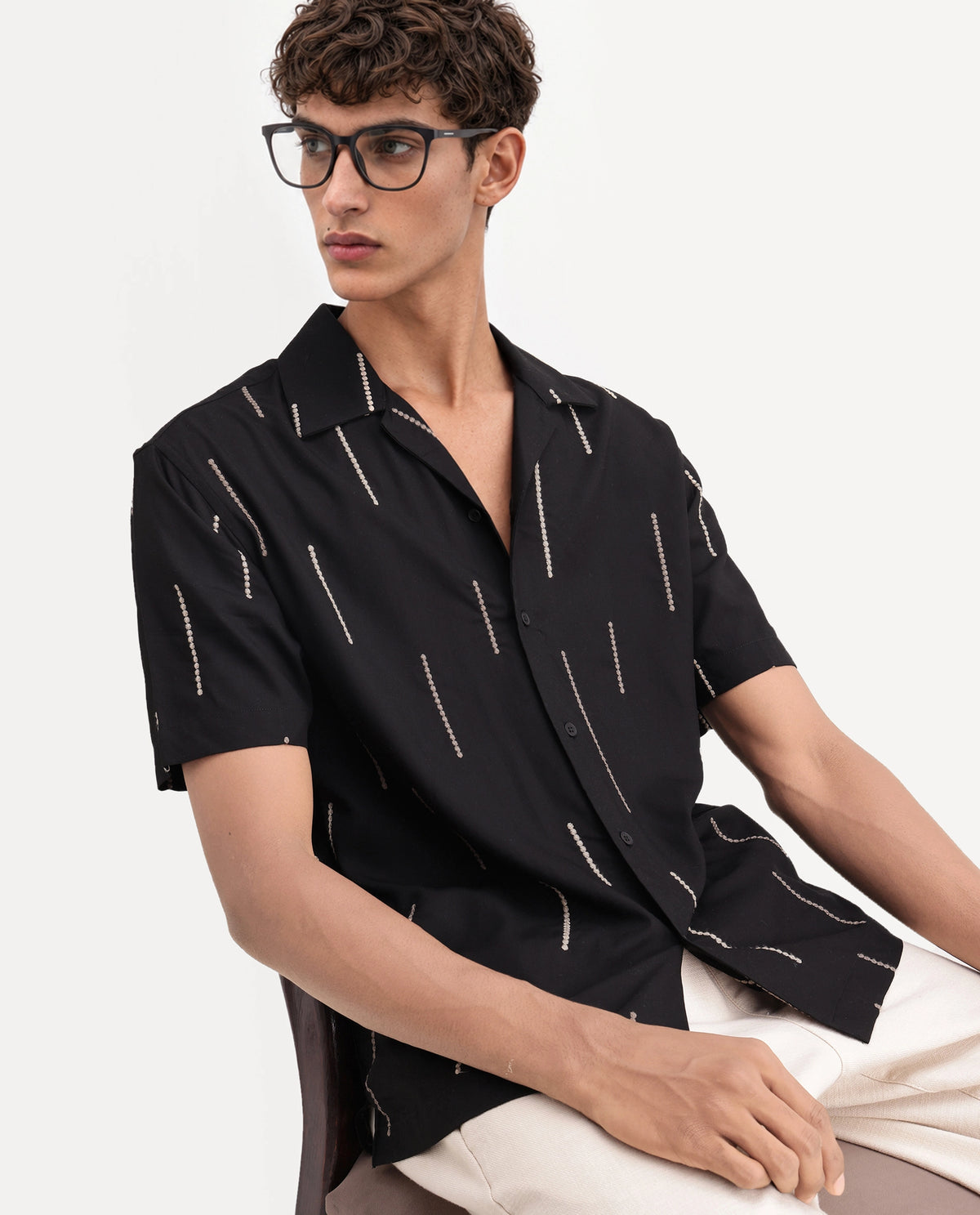 Rare Rabbit Men's Clun Primary Black Viscose Cuban Collar Regular Embroidered Shirt