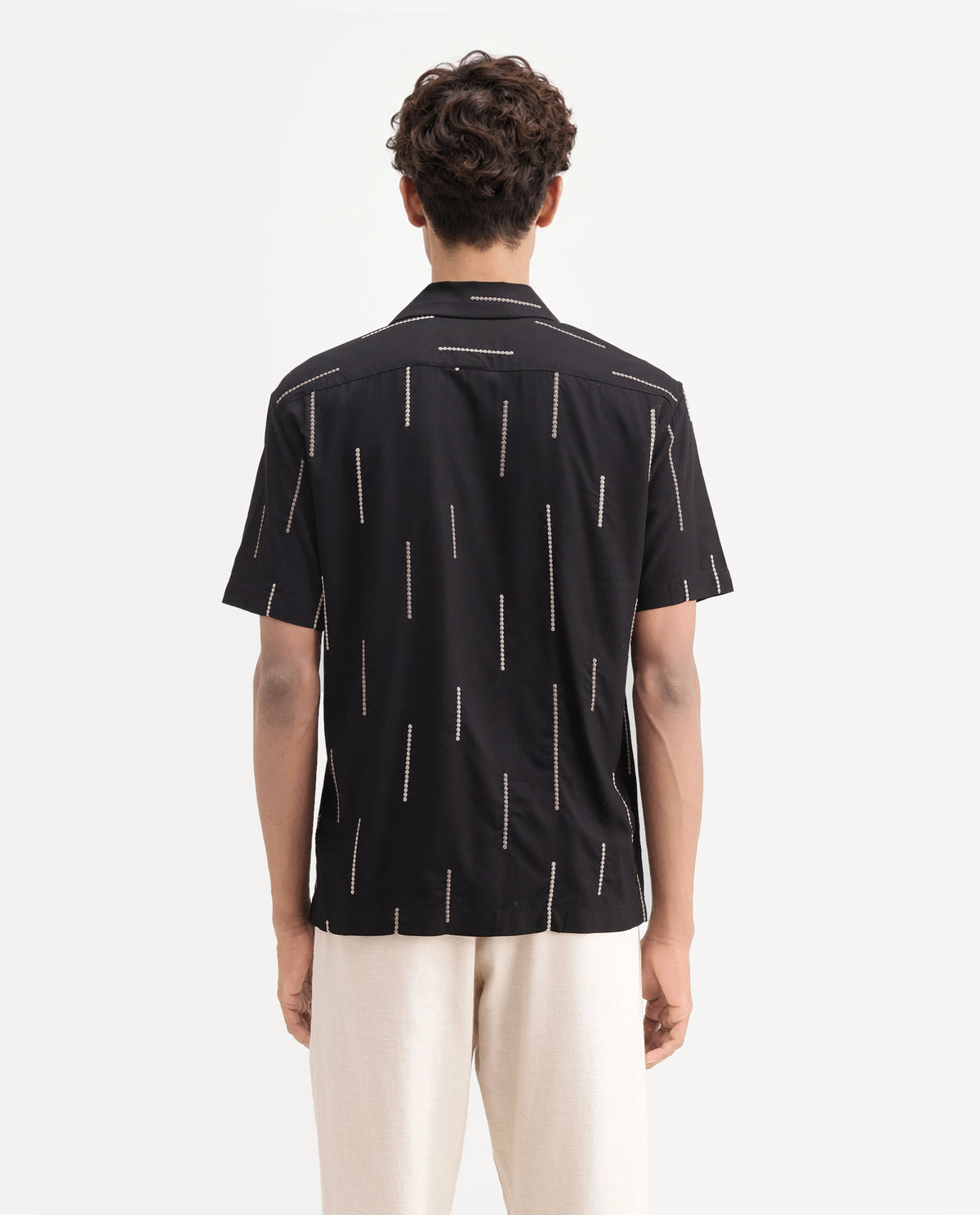 Rare Rabbit Men's Clun Primary Black Viscose Cuban Collar Regular Embroidered Shirt
