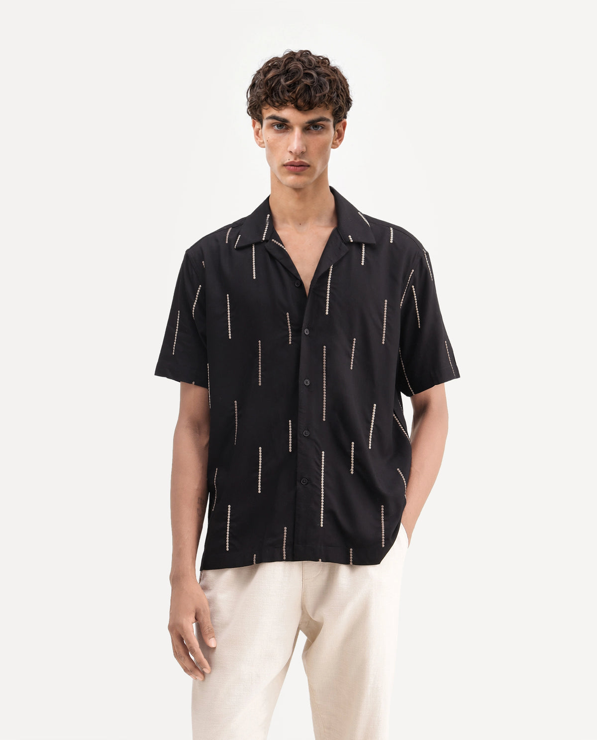 Rare Rabbit Men's Clun Primary Black Viscose Cuban Collar Regular Embroidered Shirt