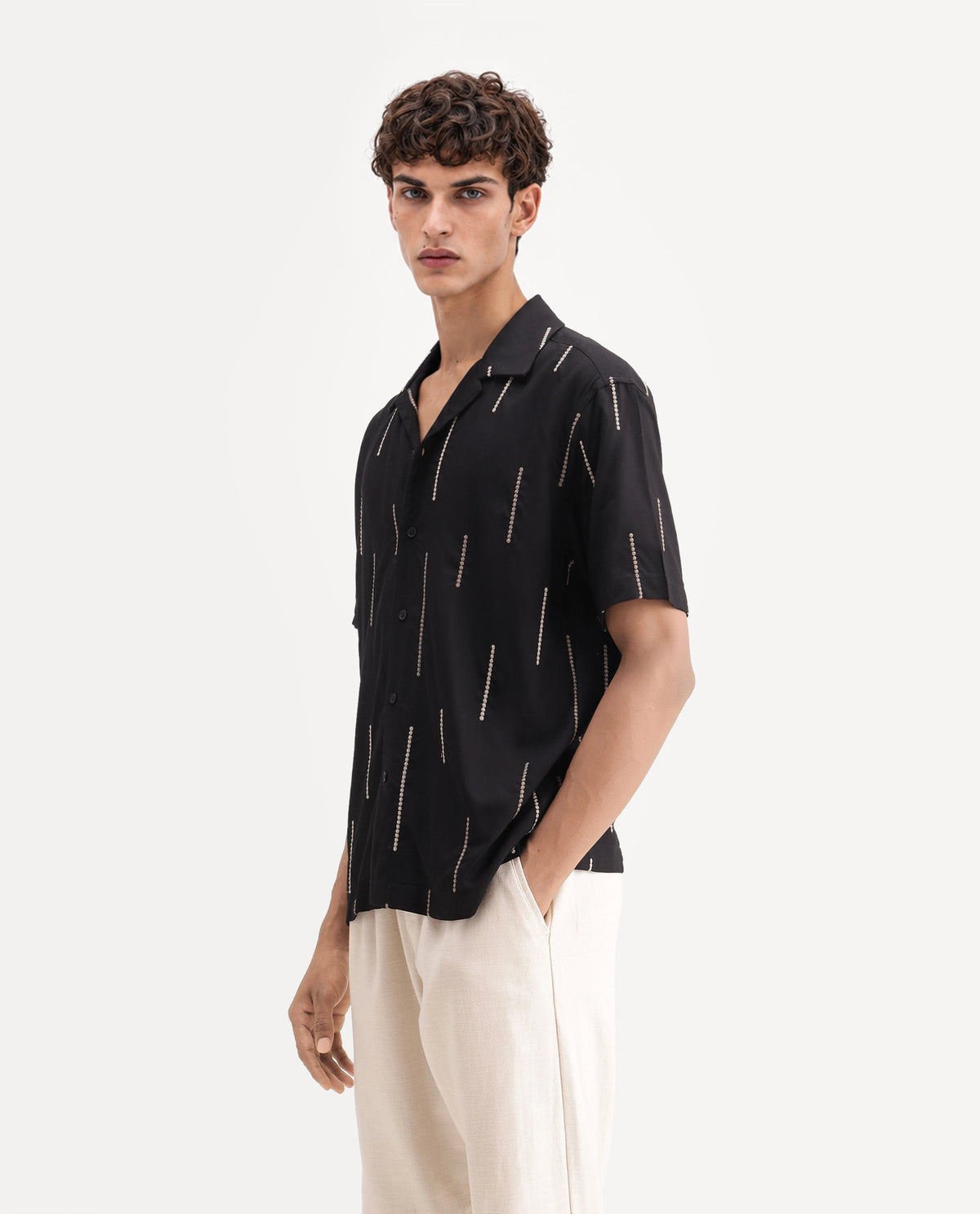 Rare Rabbit Men's Clun Primary Black Viscose Cuban Collar Regular Embroidered Shirt