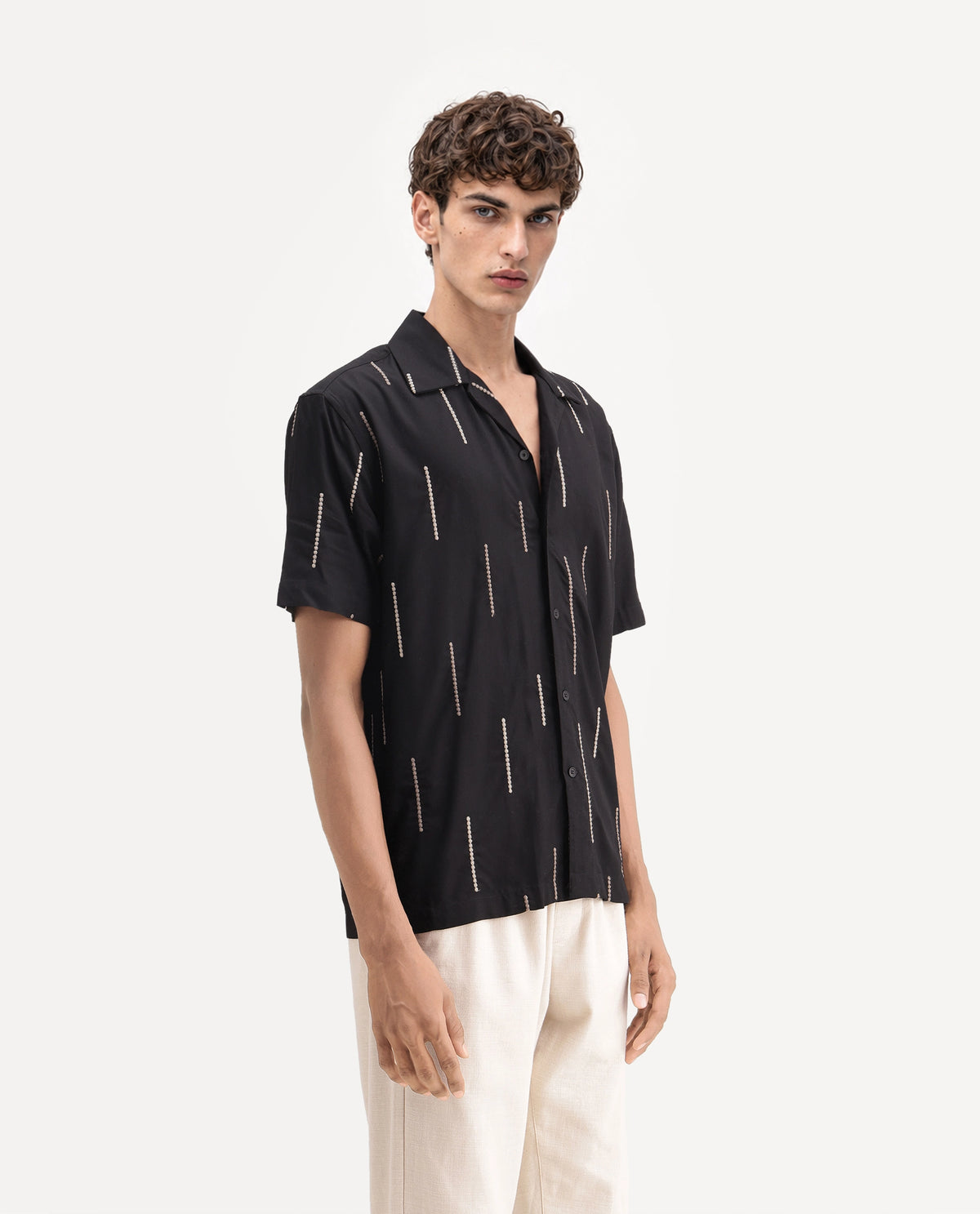 Rare Rabbit Men's Clun Primary Black Viscose Cuban Collar Regular Embroidered Shirt