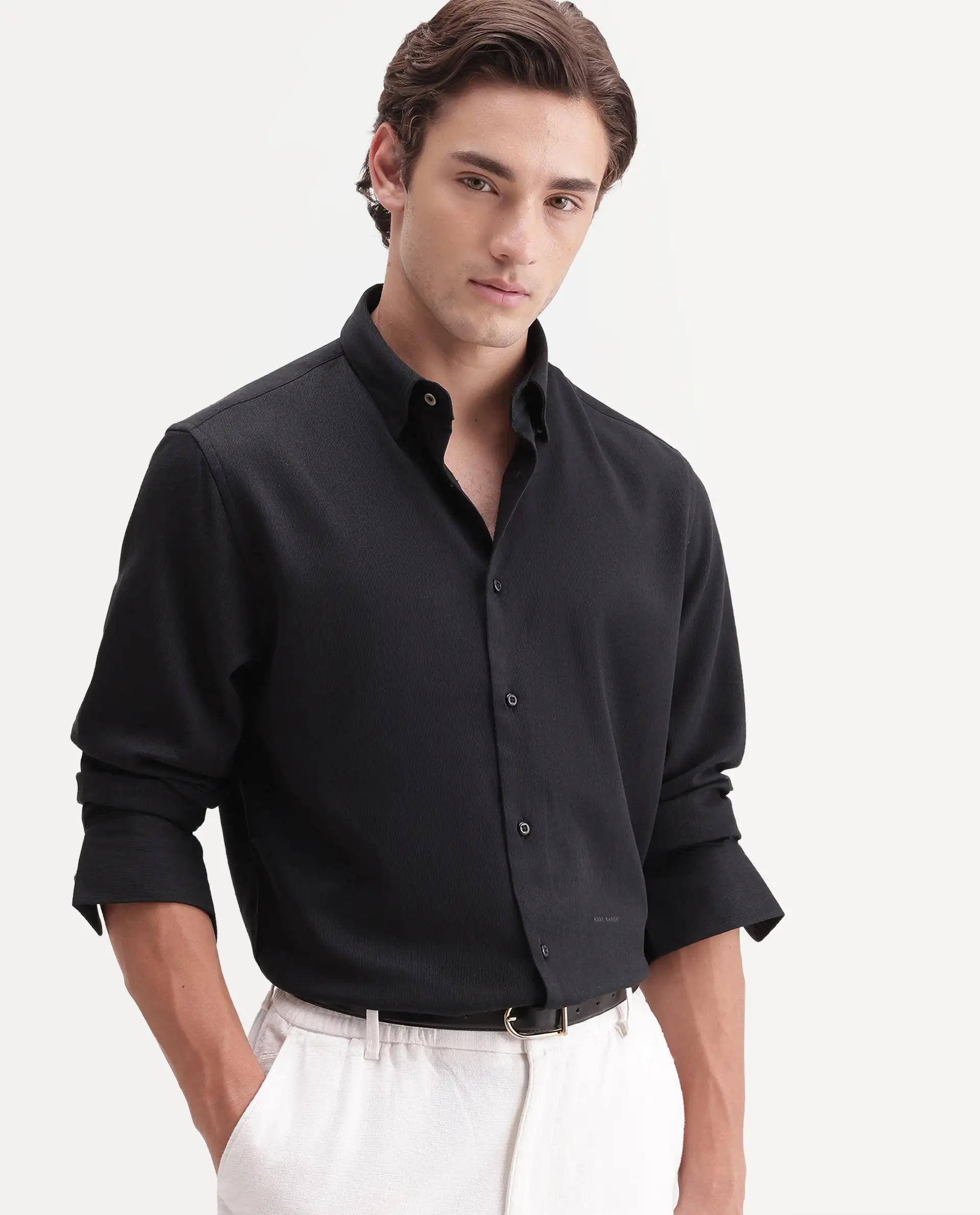 Rare Rabbit Men's Rexin Primary Black Polyester Blend Spread Collar Regular Plain Shirt