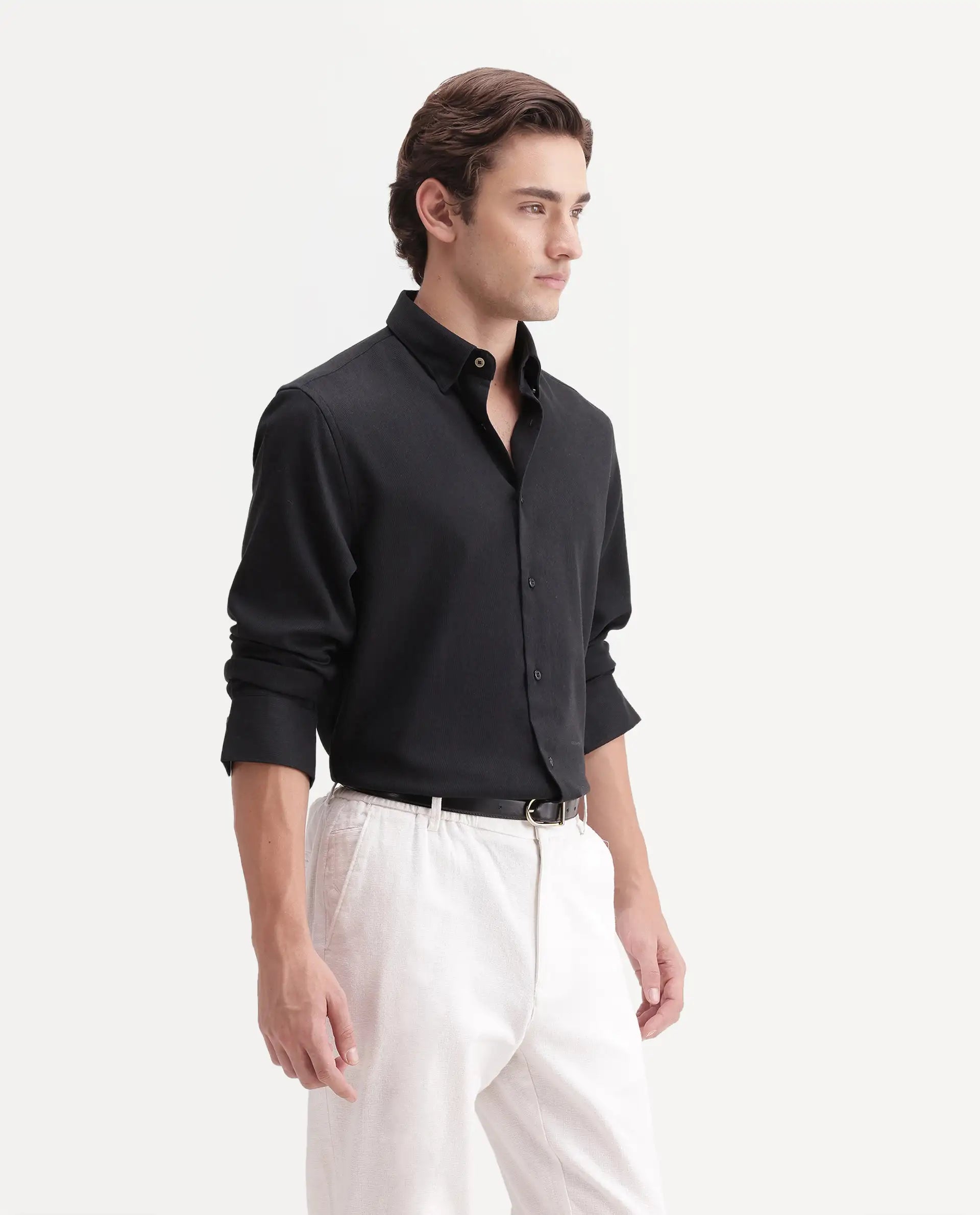 Rare Rabbit Men's Rexin Primary Black Polyester Blend Spread Collar Regular Plain Shirt