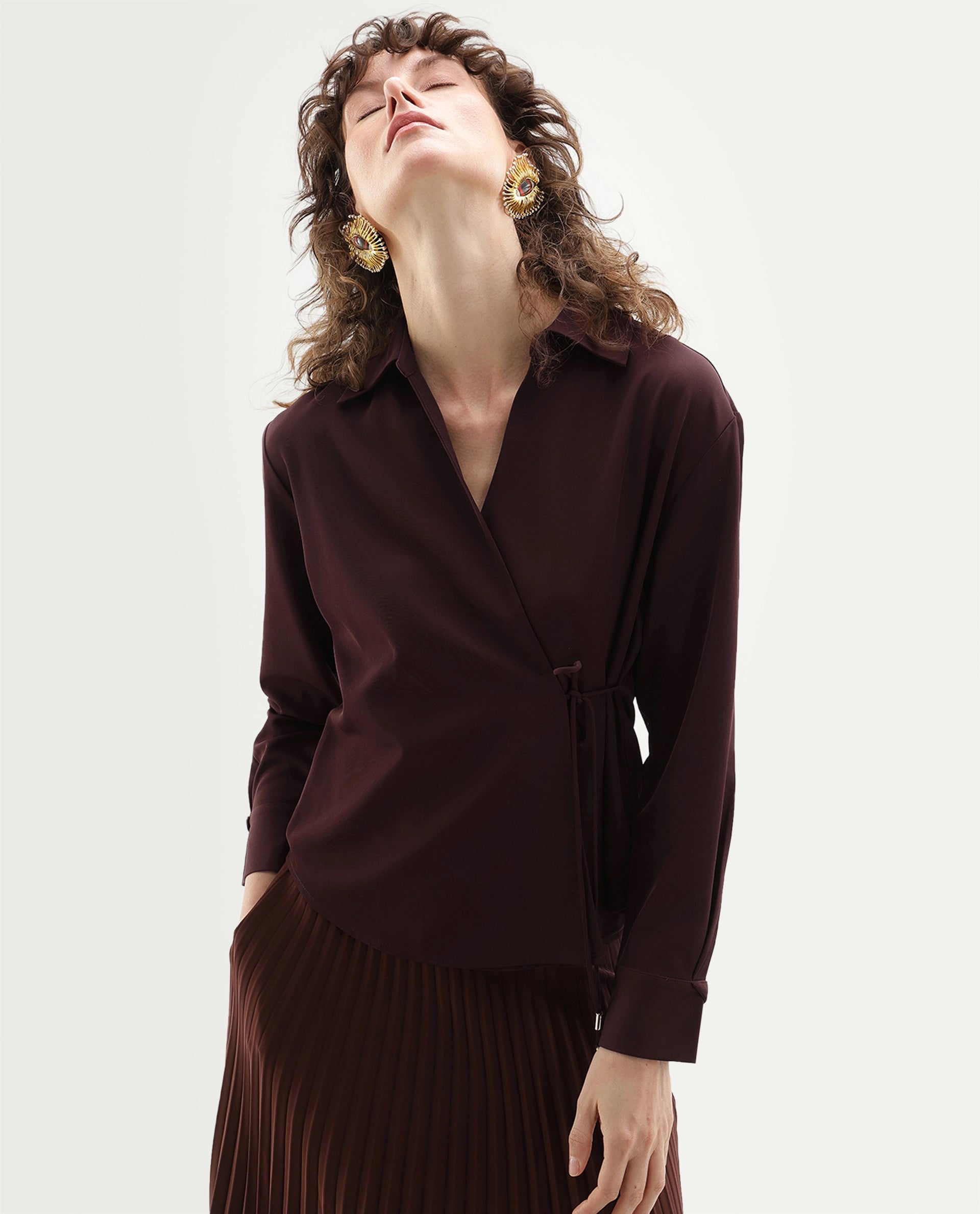 Rareism Women's Qansu-T Primary Brown Polyester Spread Collar Wrap Plain Top