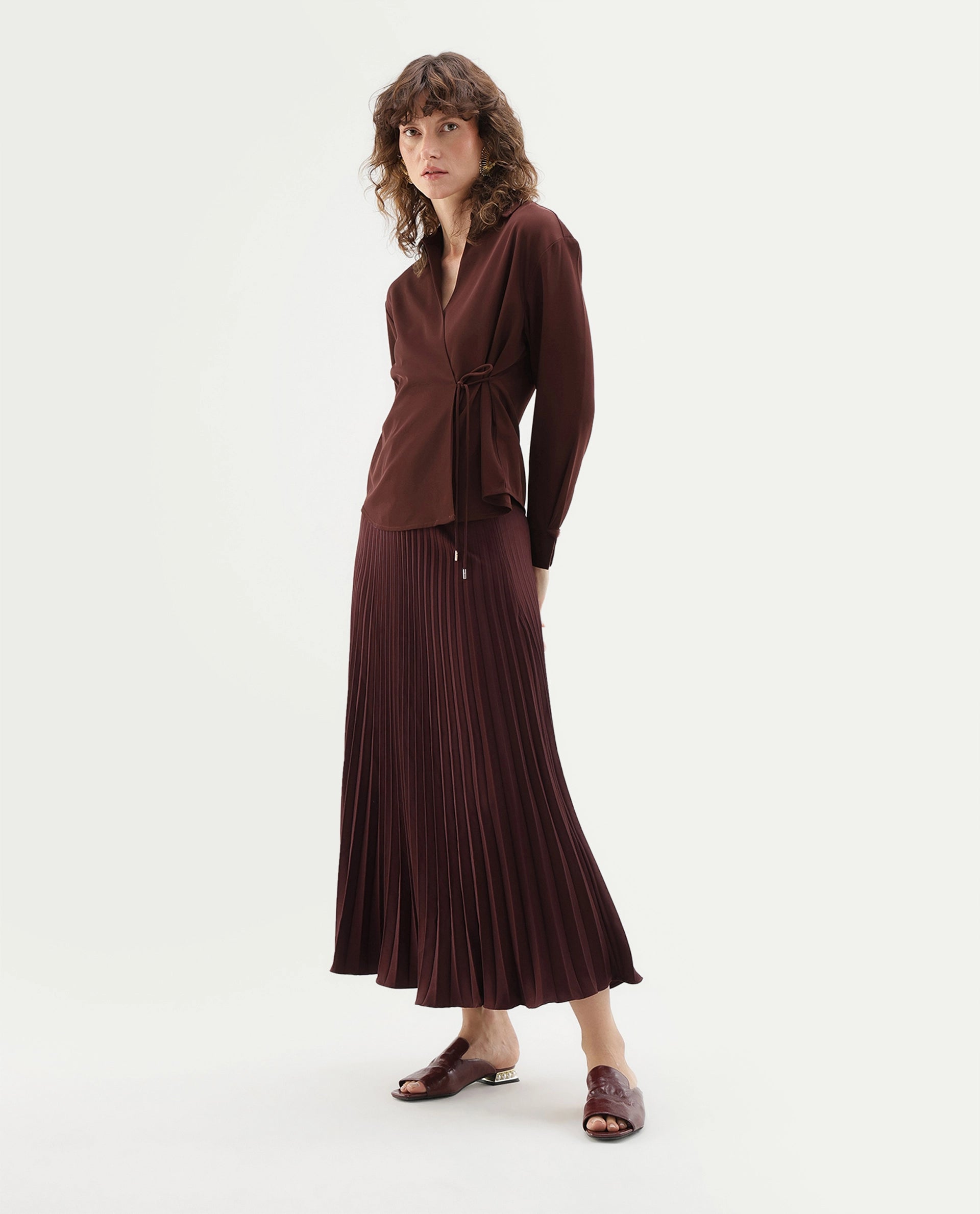 Rareism Women's Qansu-B Primary Brown Polyester Flared Plain Skirt